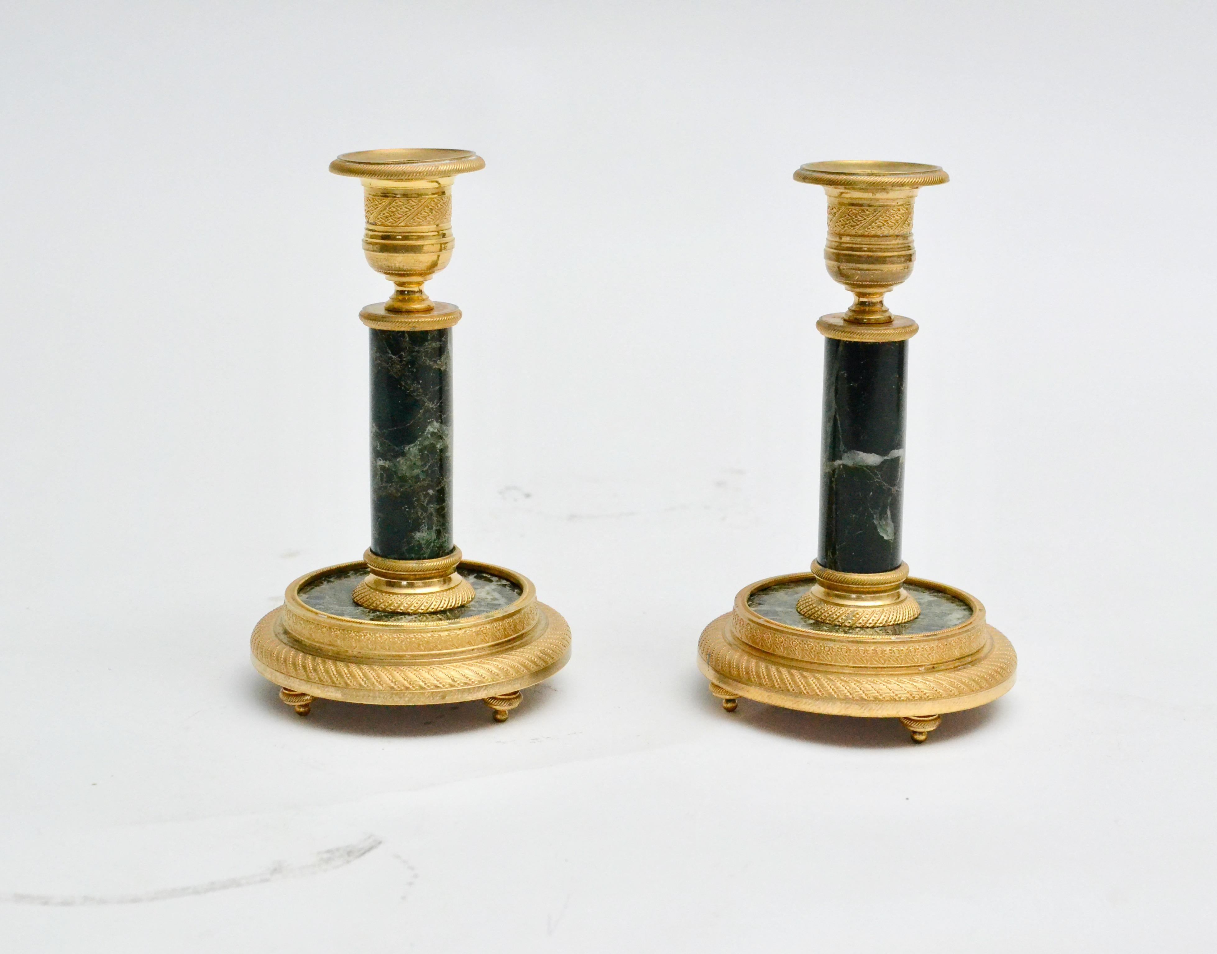 French Pair of Empire Style Gilt Bronze and Marble Candlesticks For Sale
