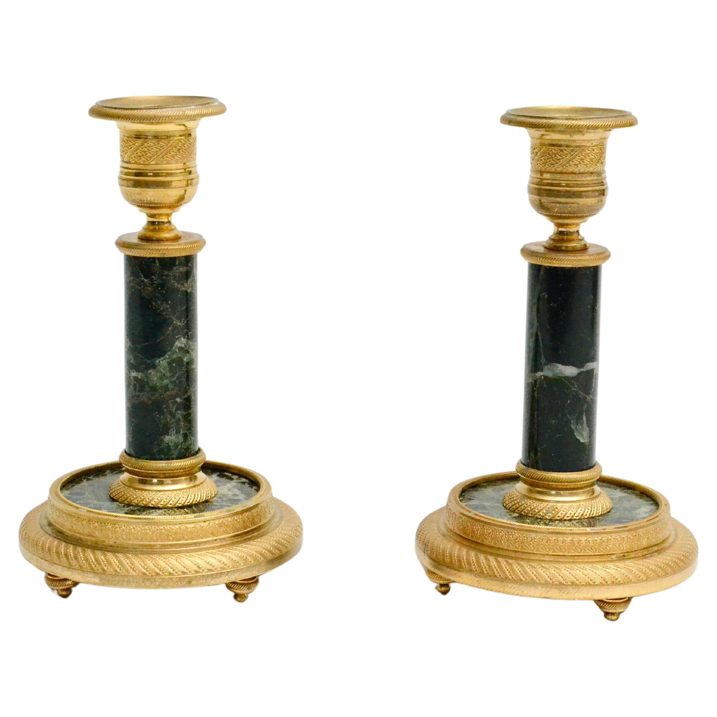 Pair of Empire Style Gilt Bronze and Marble Candlesticks For Sale