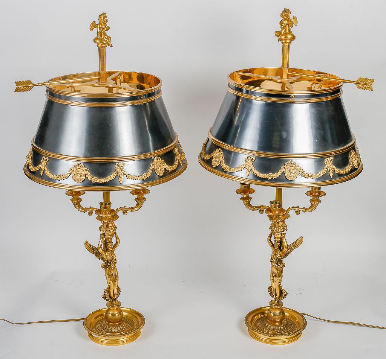Pair of Empire Style Gilt Bronze and Painted Boillotte Lamps. 2