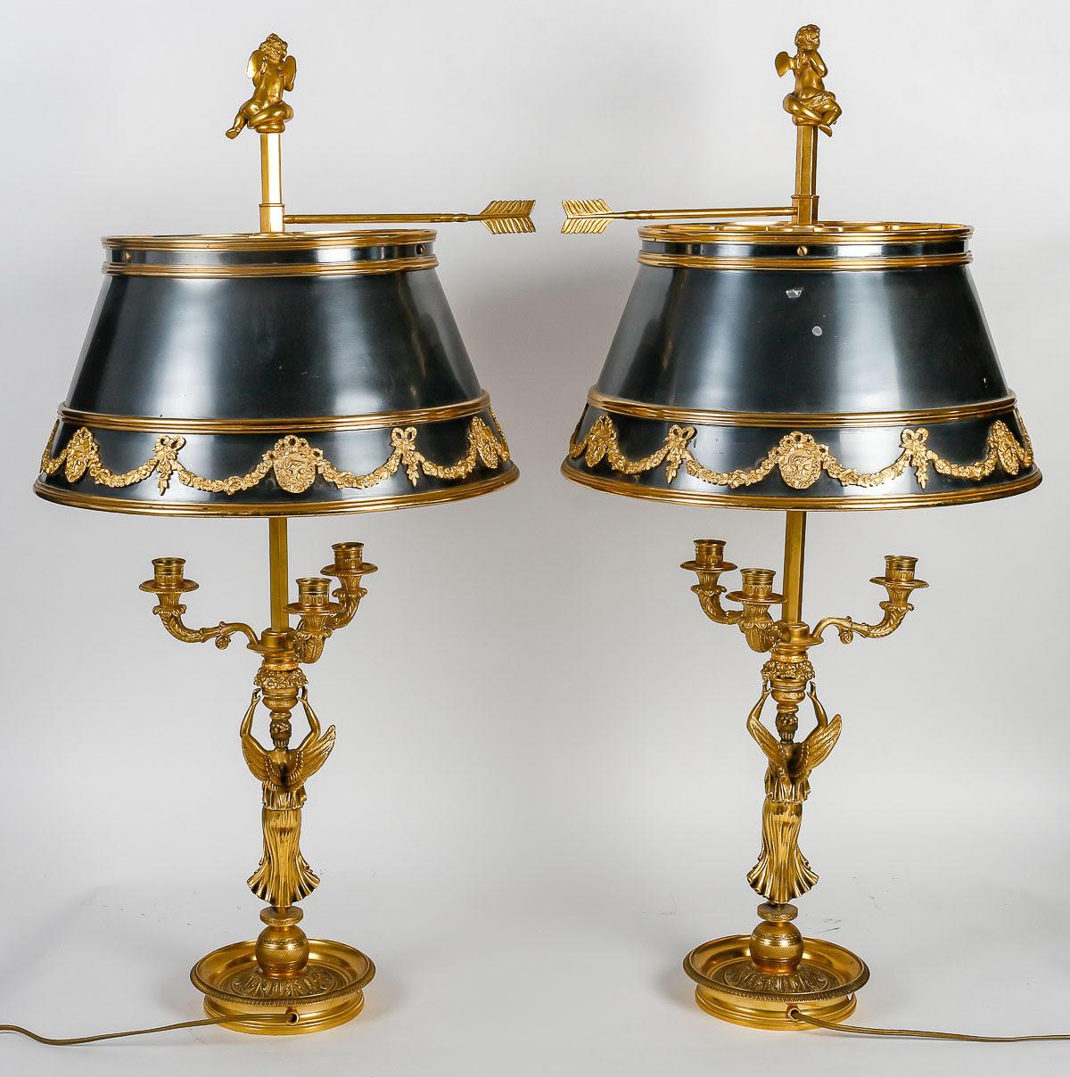 Pair of Empire Style Gilt Bronze and Painted Boillotte Lamps. 4