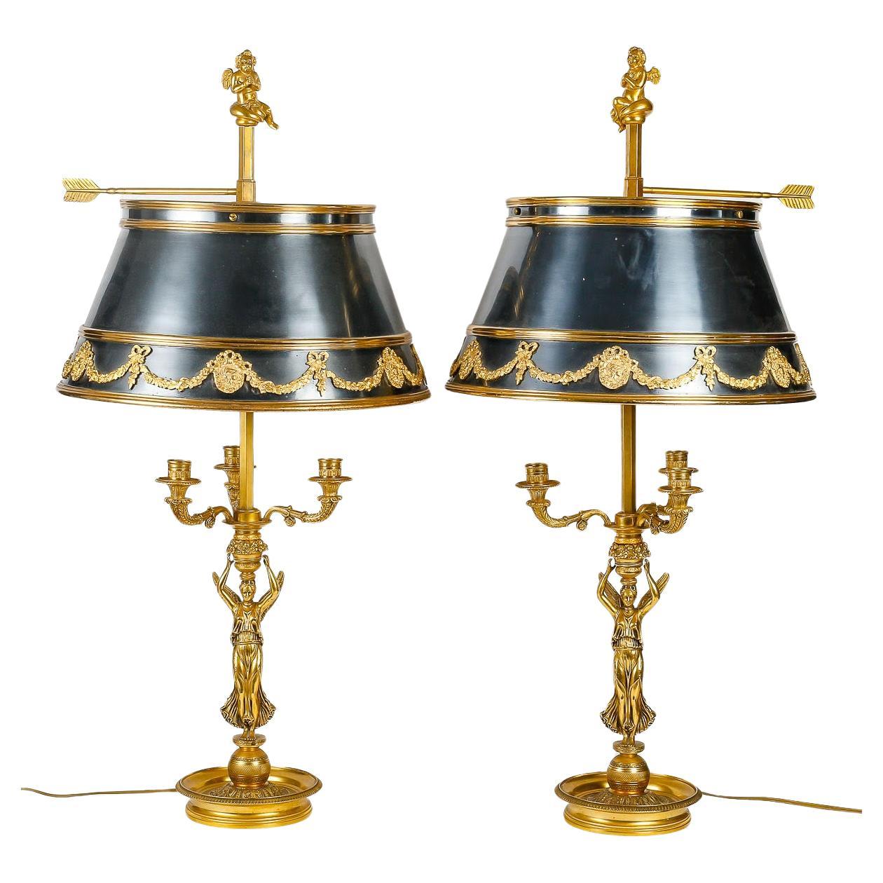 Pair of Empire Style Gilt Bronze and Painted Boillotte Lamps.