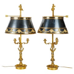 Paire de lampes boillotte de style Empire en bronze doré et peint