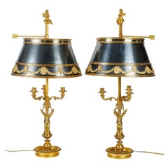 Pair of Empire Style Gilt Bronze and Painted Boillotte Lamps.