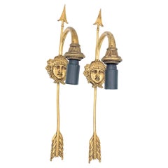Pair of Empire Style Gilt Bronze Arrow Wall Sconces Lamp Featuring Goddess Ceres