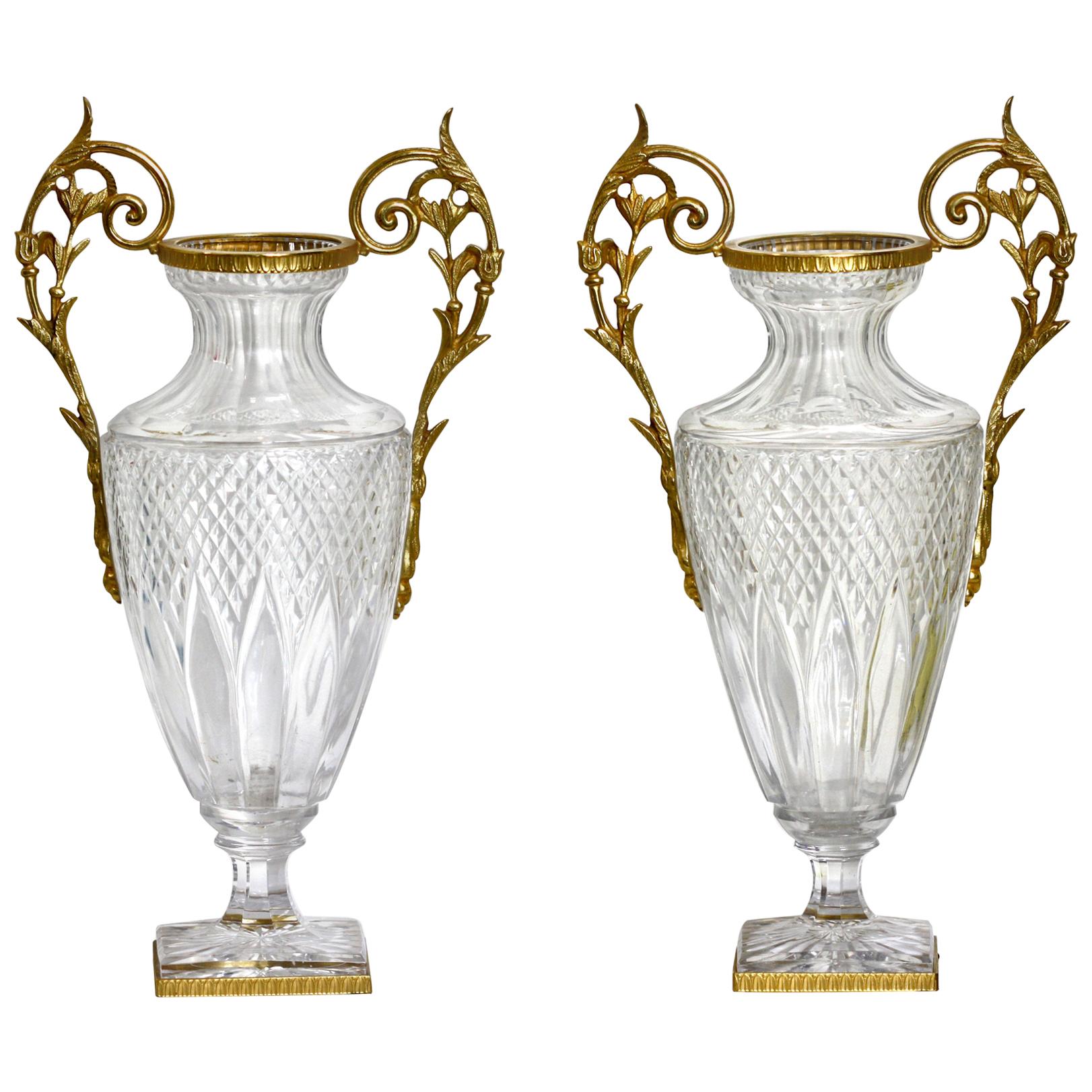 Pair of Empire Style Gilt-Bronze Mounted Cut Glass Urns For Sale