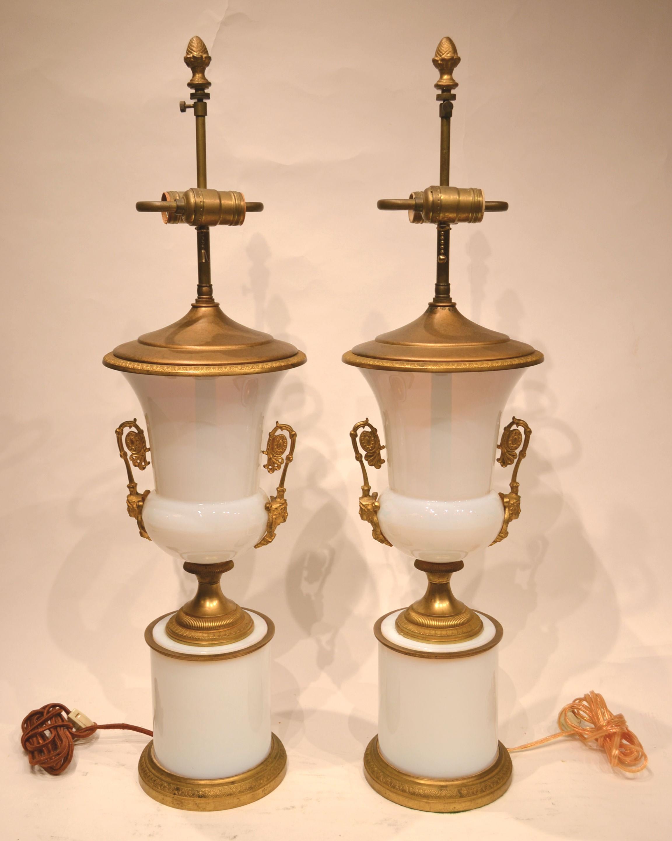 French Pair of Empire Style Gilt Bronze Mounted White Opaline Glass Table Lamps