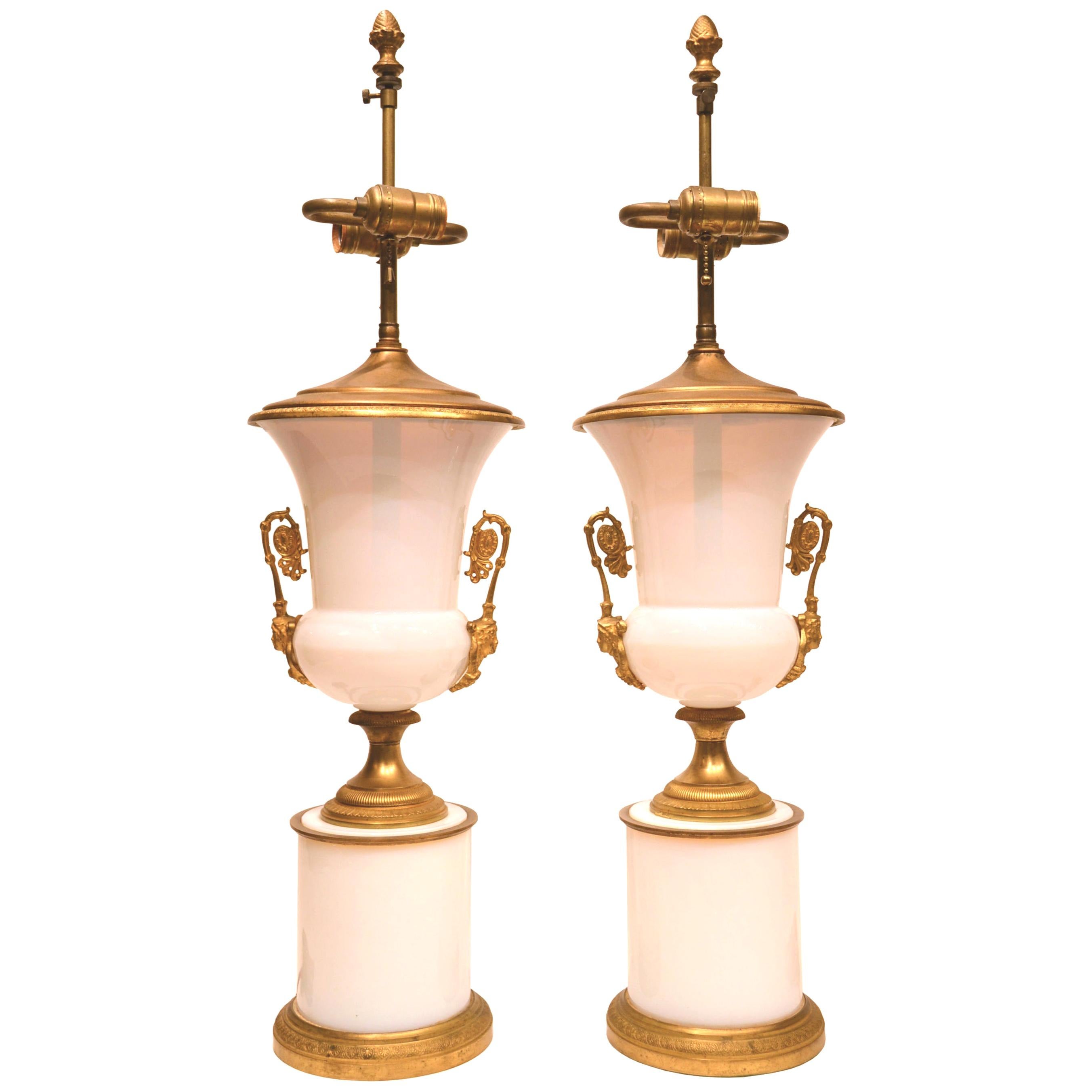 Pair of Empire Style Gilt Bronze Mounted White Opaline Glass Table Lamps