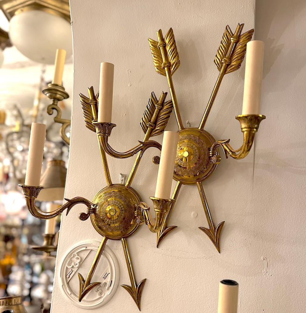 Mid-20th Century Pair of Empire Style Gilt Bronze Sconces For Sale