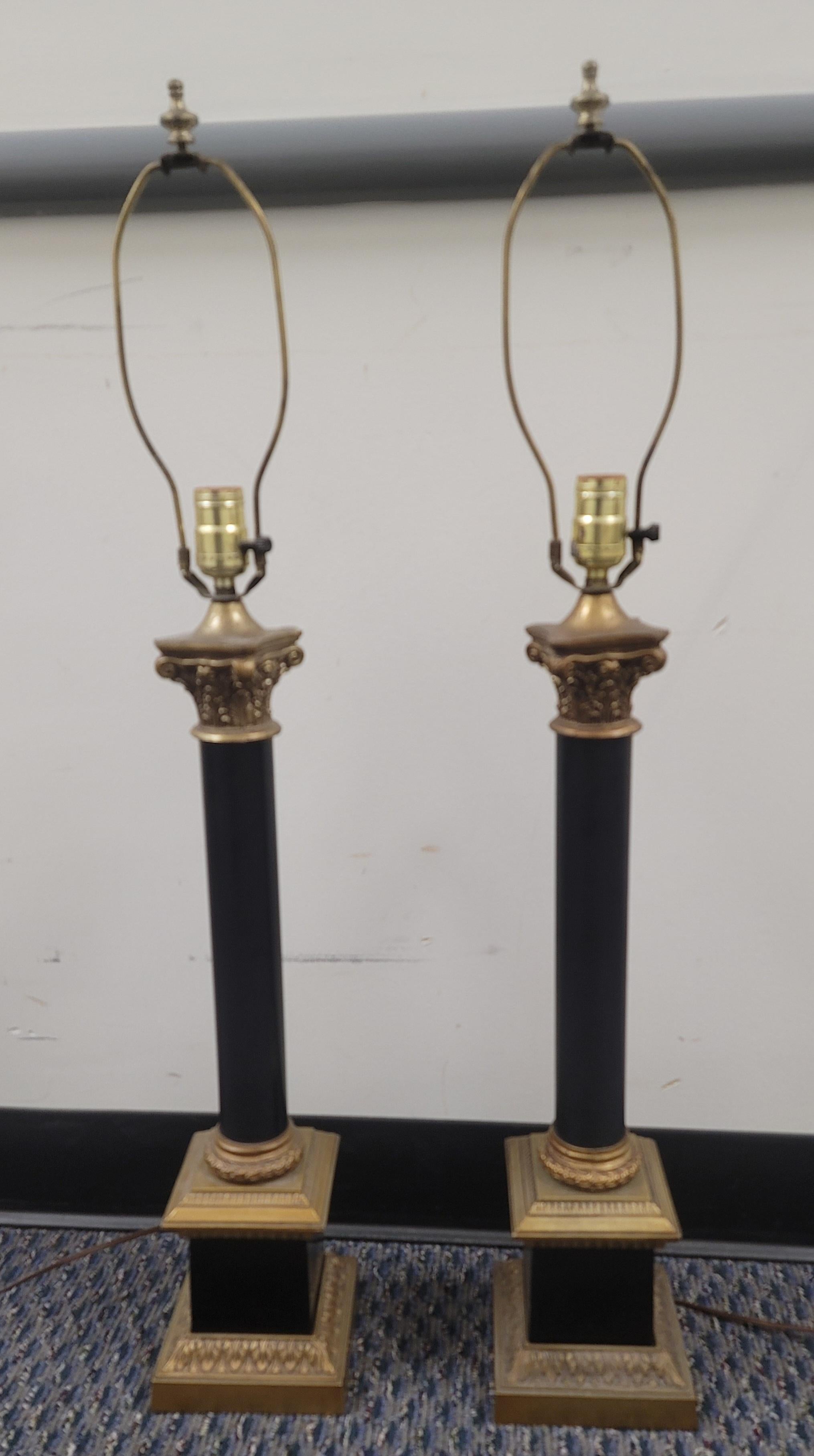 Pair of Empire Style Gilt Metal and Ebonized Column Lamps For Sale 5