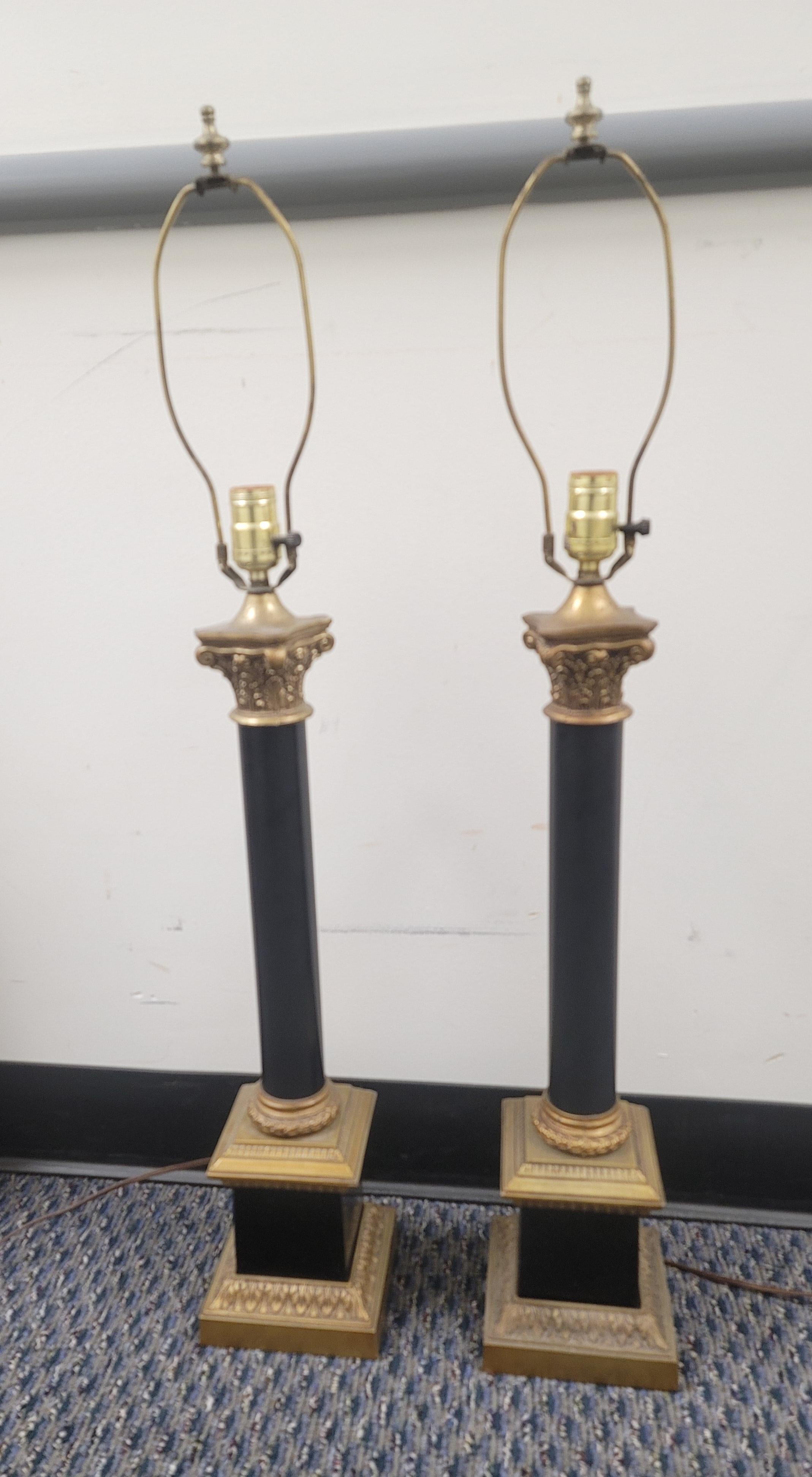 Pair of Empire Style Gilt Metal and Ebonized Column Lamps In Good Condition For Sale In Germantown, MD