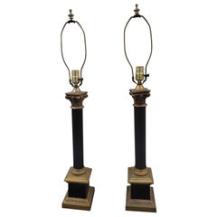 Pareja de Lámparas de Columna de Estilo Imperio en Metal Dorado y Ebonizado