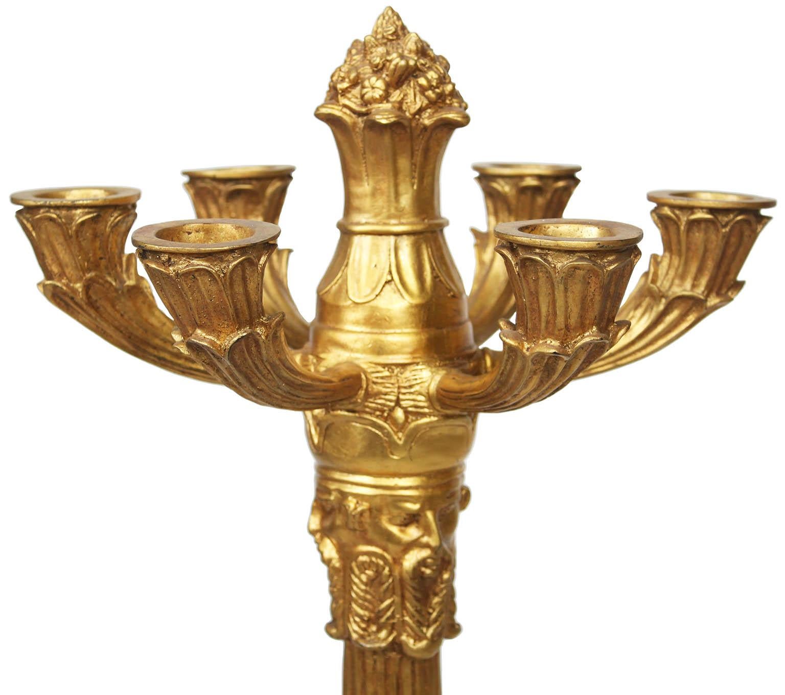  Pair of Empire Style Gilt-Metal Six-Light Candelabra, After a Model by Thomire In Good Condition For Sale In Los Angeles, CA