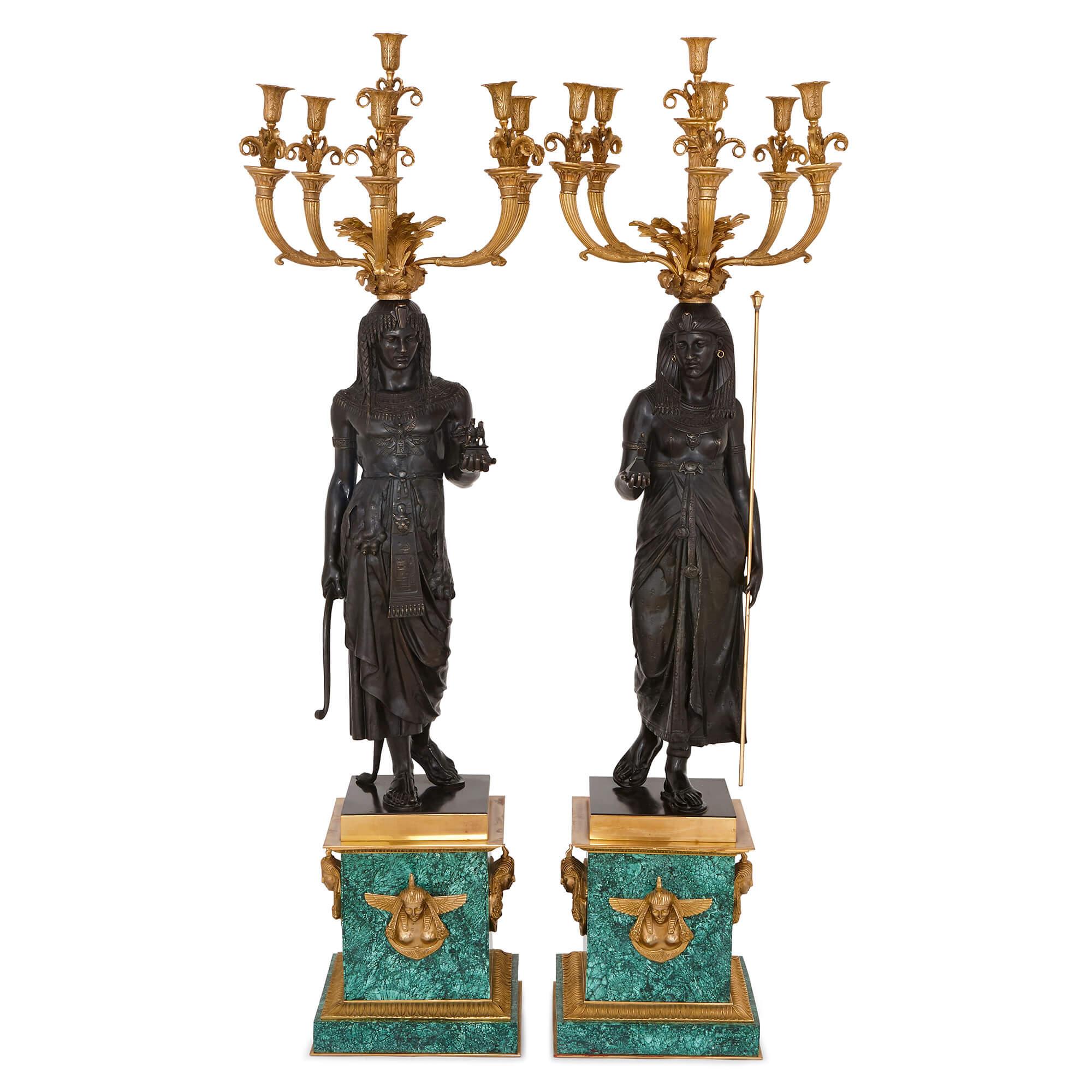 Pair of Empire Style Gilt, Patinated Bronze and Malachite Candelabra