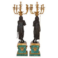 Pair of Empire Style Gilt, Patinated Bronze and Malachite Candelabra