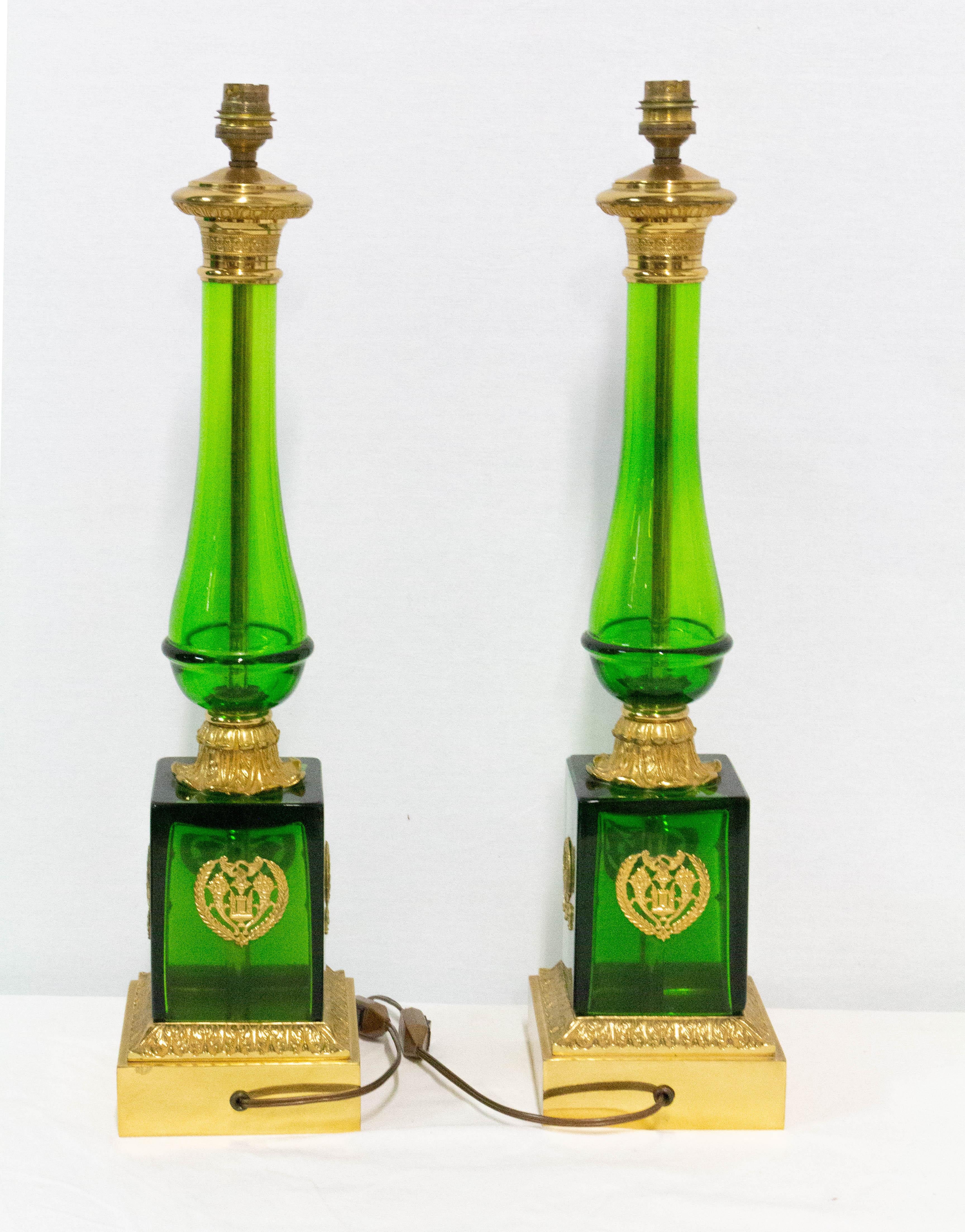 French Pair of Empire Style Glass and Brass Column Table Lamp, France Midcentury For Sale