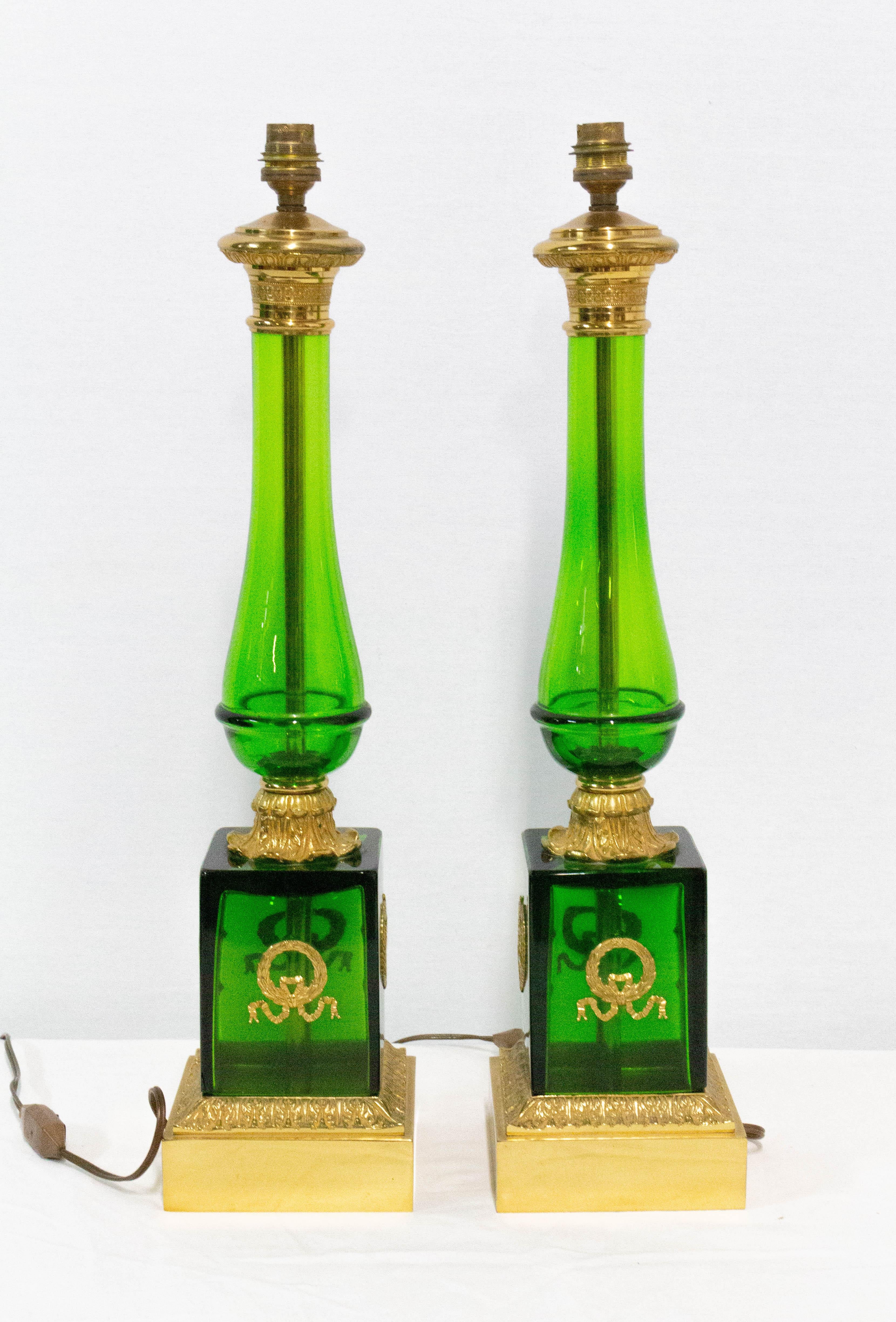 Pair of Empire Style Glass and Brass Column Table Lamp, France Midcentury In Good Condition For Sale In Labrit, Landes