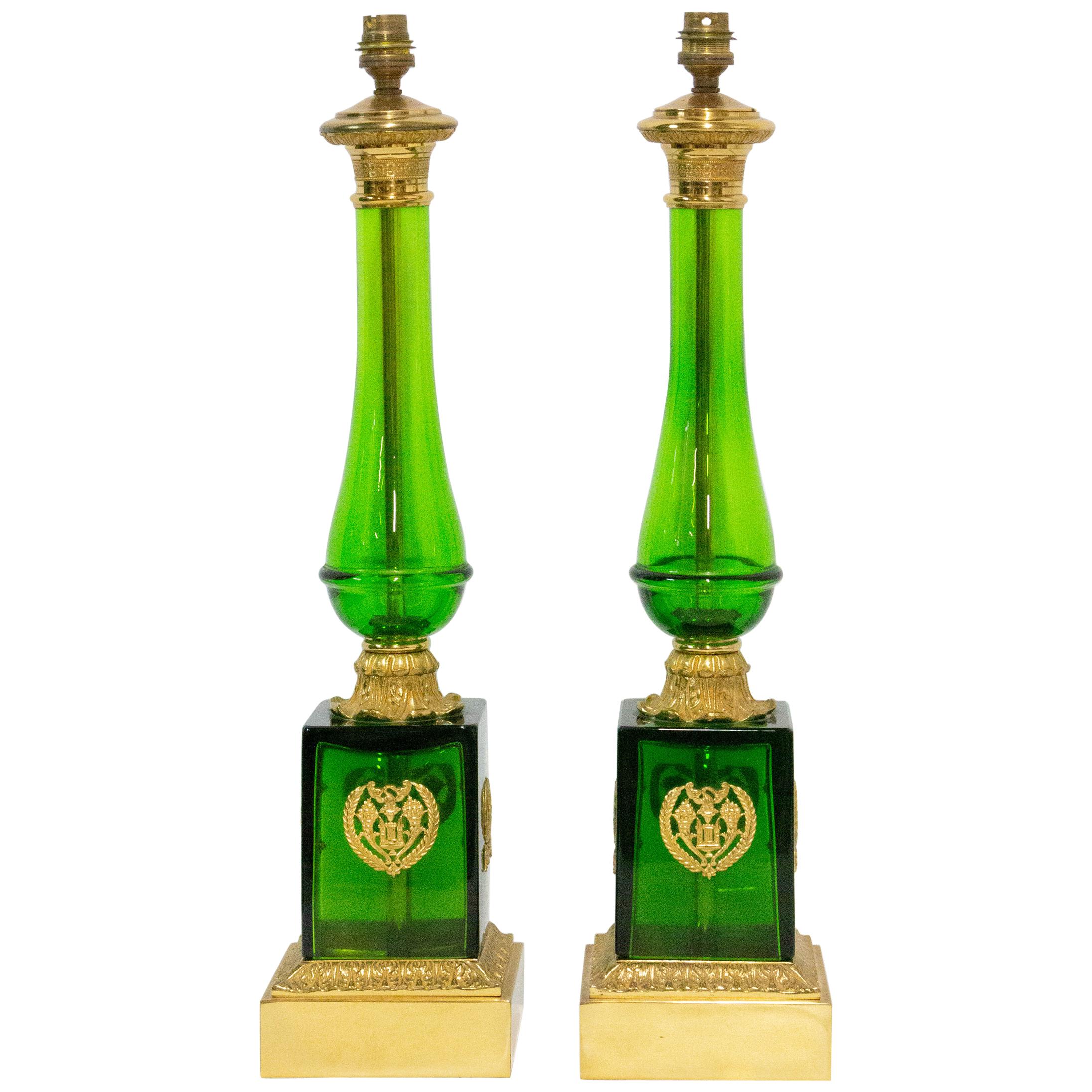 Pair of Empire Style Glass and Brass Column Table Lamp, France Midcentury