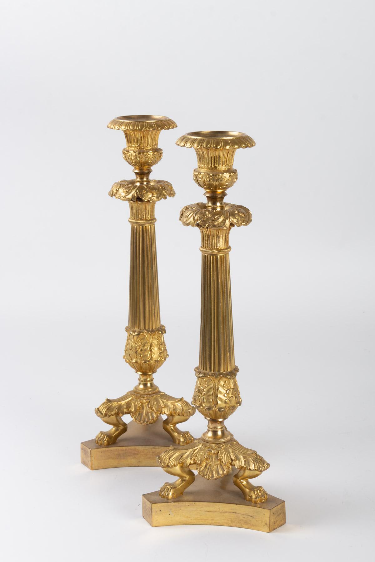 French Pair of Empire Style Golden Bronze Candleholders