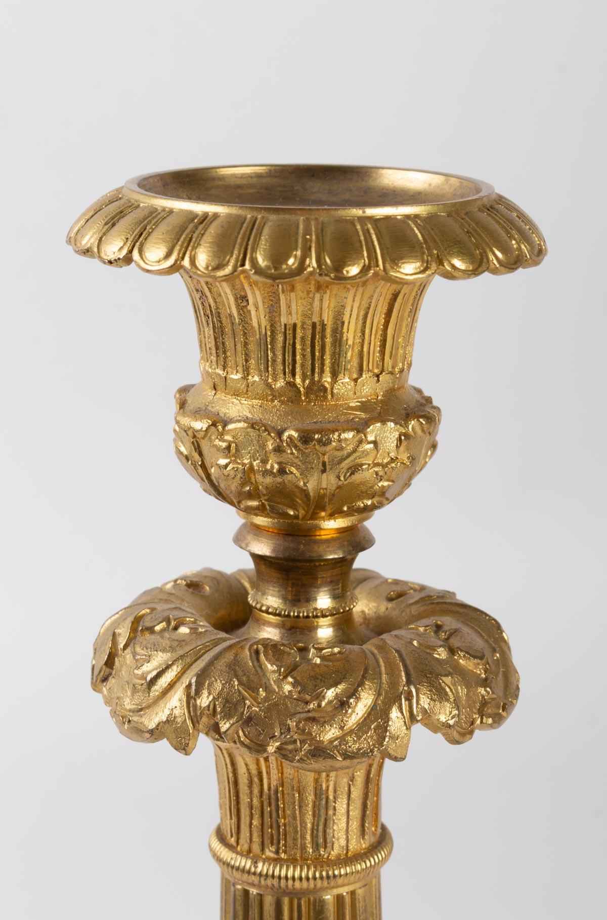 Gilt Pair of Empire Style Golden Bronze Candleholders