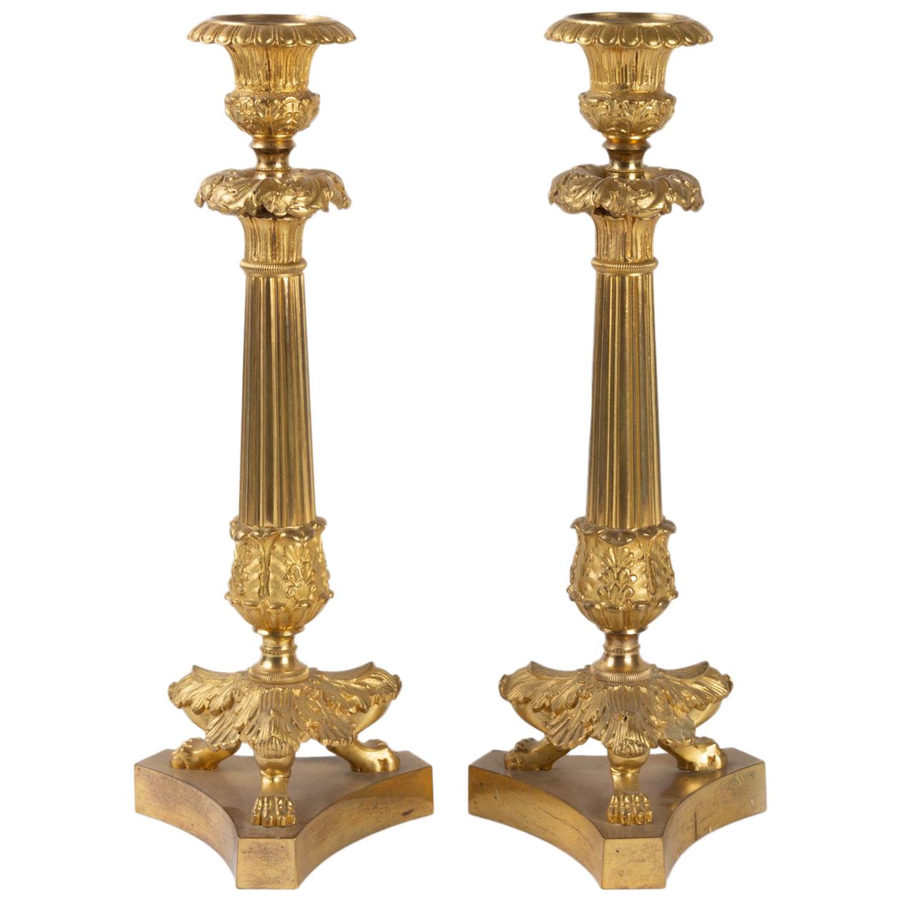 Pair of Empire Style Golden Bronze Candleholders