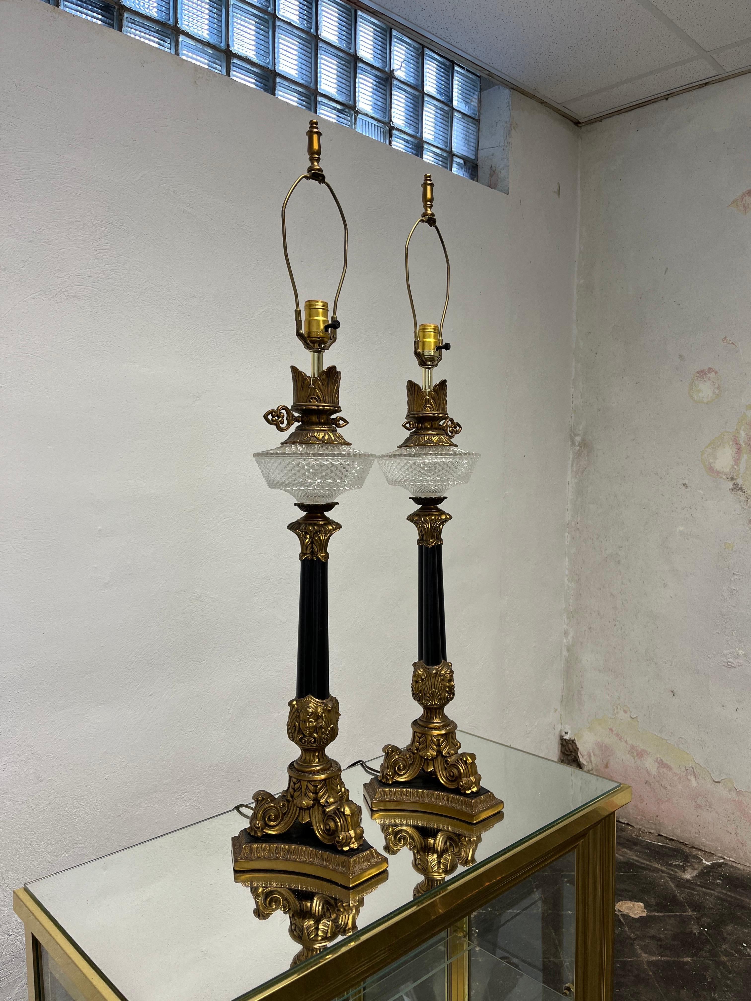 Beautiful Empire style lamps. Cut glass or pressed glass oil reservoirs with flame tops and key detail. 3 portraits adorn the top of the highly ornate bases. Heavy.
Curbside to NYC/Philly $300