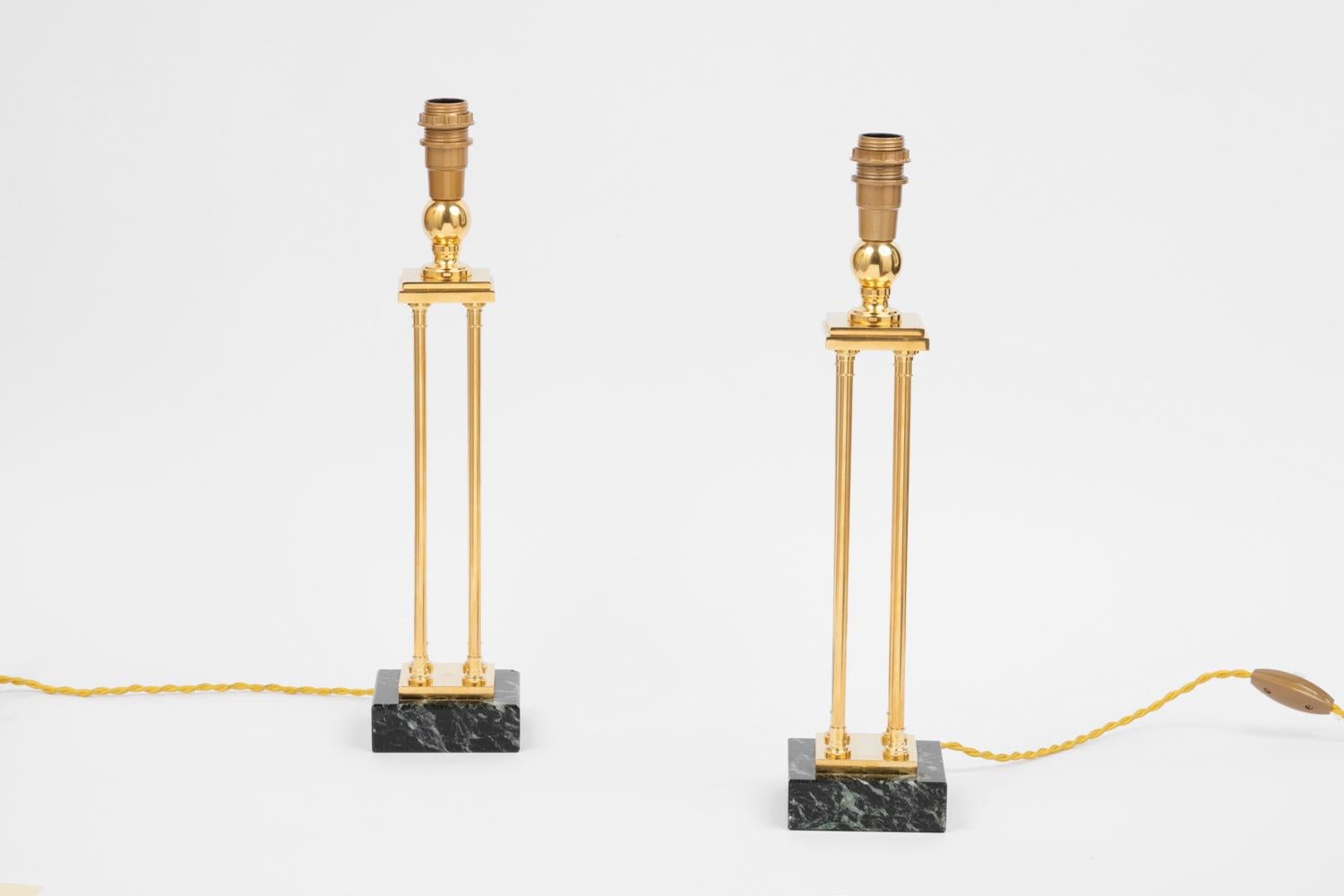 French Pair of Empire Style Lamps in Gilt Bronze and Marble, 1970s