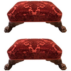 Pair of Empire Style Mahogany Claw Feet Footstools in Fortuny Fabric