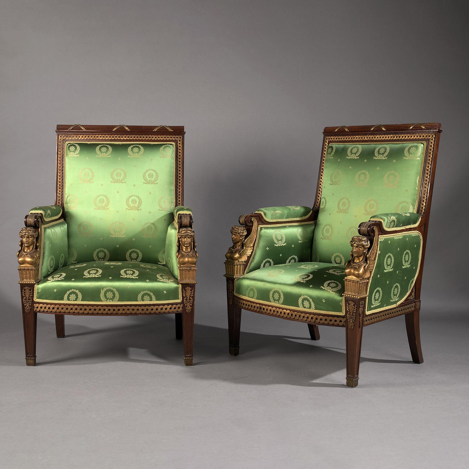 19th Century Pair of Empire Style Mahogany & Gilt-Bronze Bergères, Manner of Jacob-Desmalter For Sale