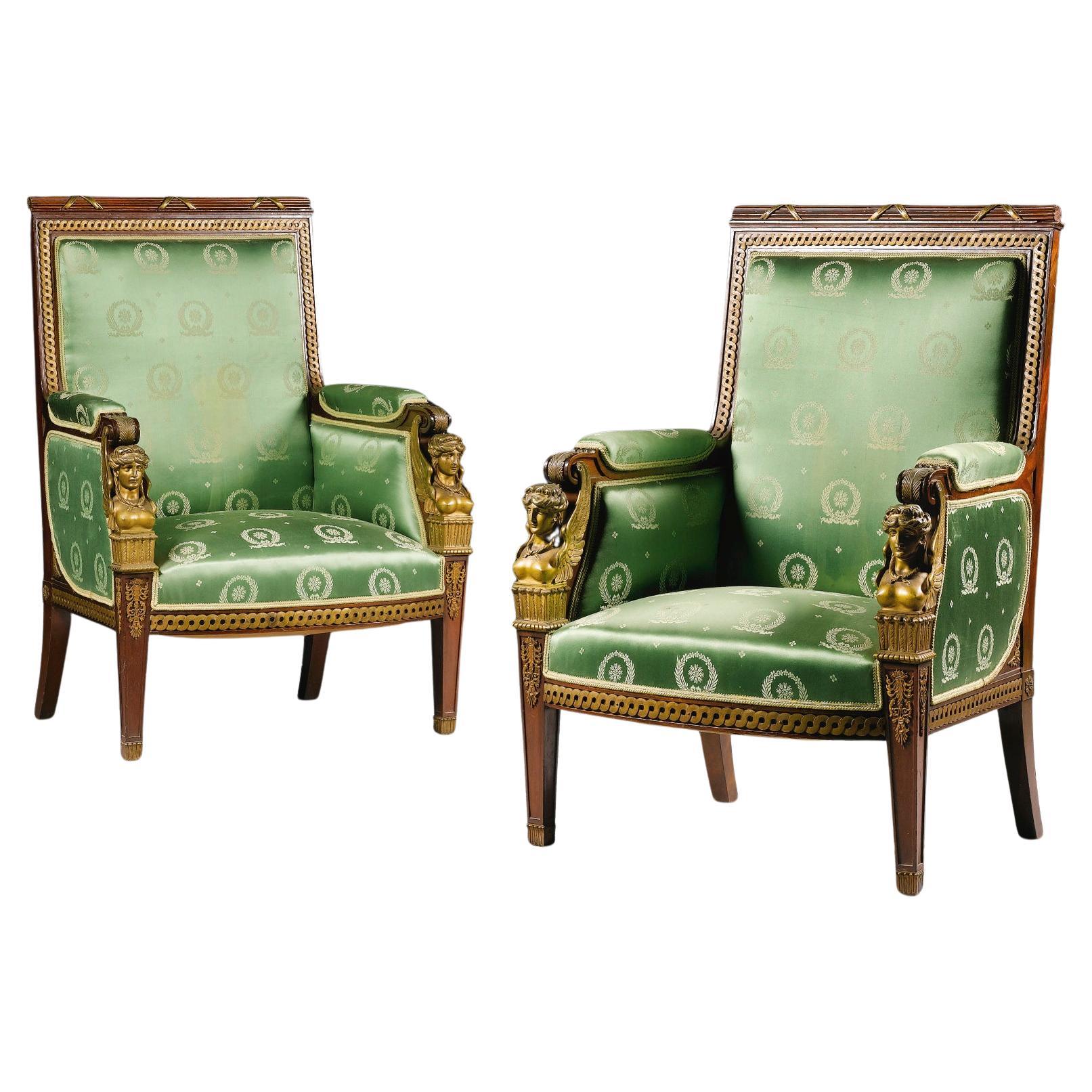 Paar Mahagoni & vergoldete Bronze Bergères im Empire-Stil, nach Jacob Desmalter im Angebot