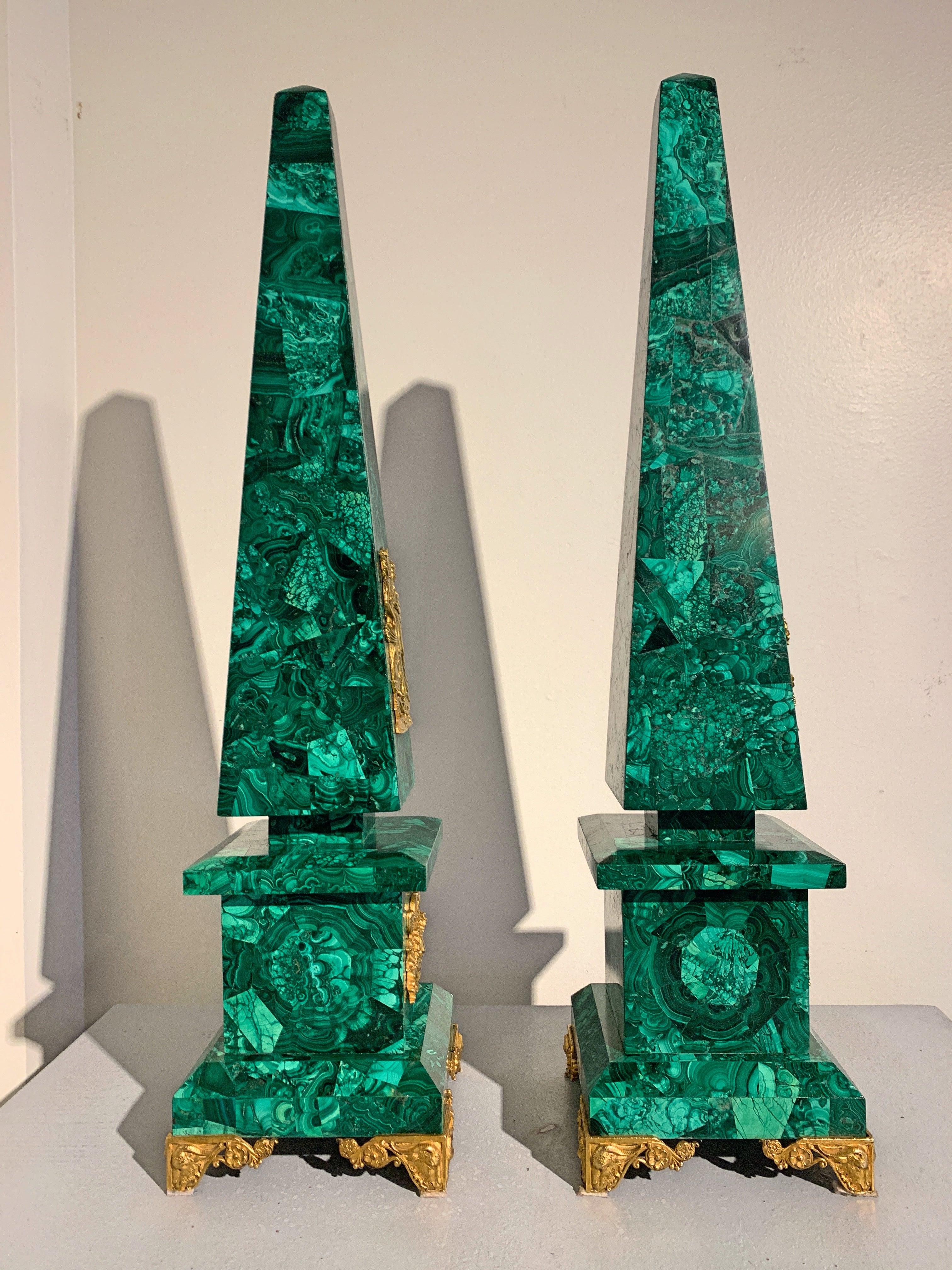 American Pair of Empire Style Malachite Obelisks with Ormolu Mounts, 20th Century