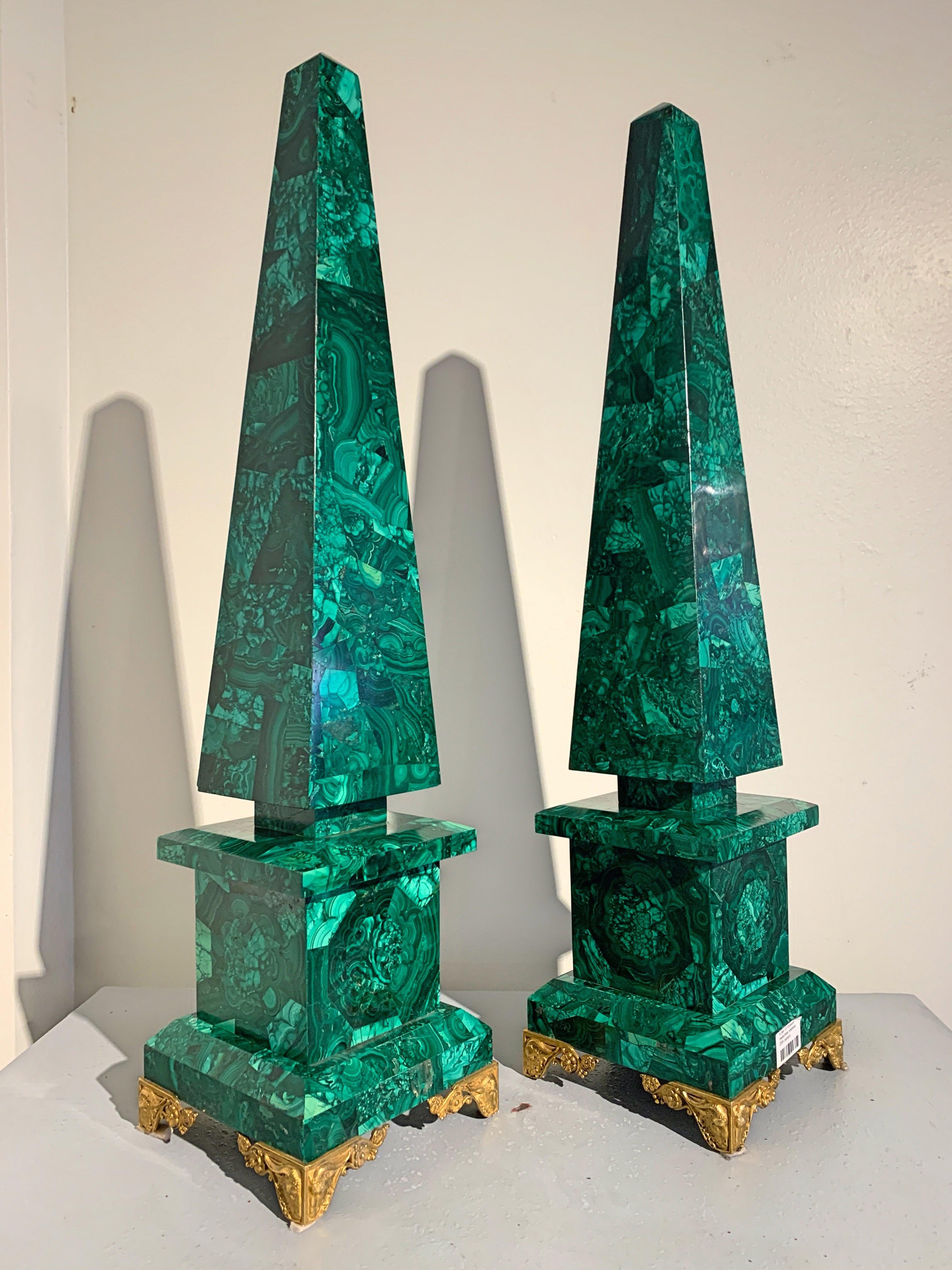 Pair of Empire Style Malachite Obelisks with Ormolu Mounts, 20th Century In Good Condition In Austin, TX