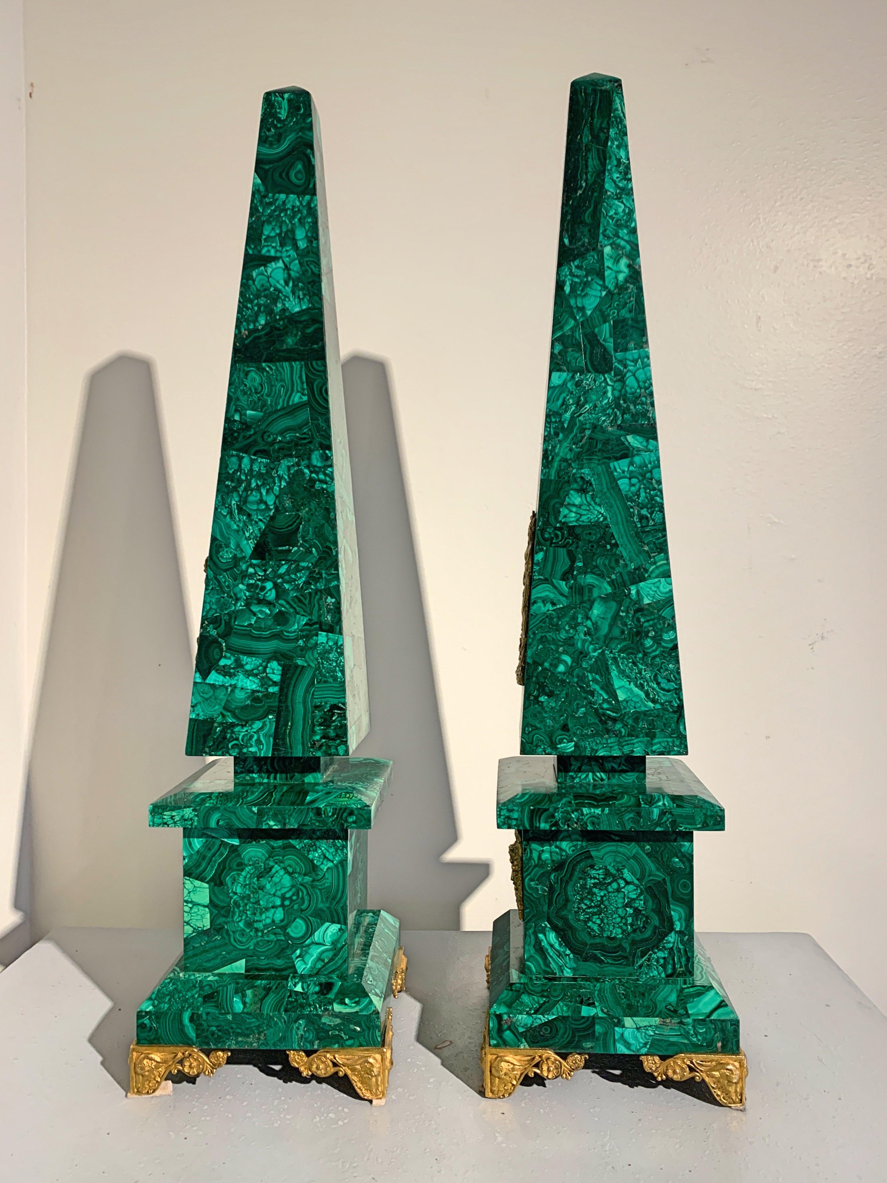 Pair of Empire Style Malachite Obelisks with Ormolu Mounts, 20th Century 1
