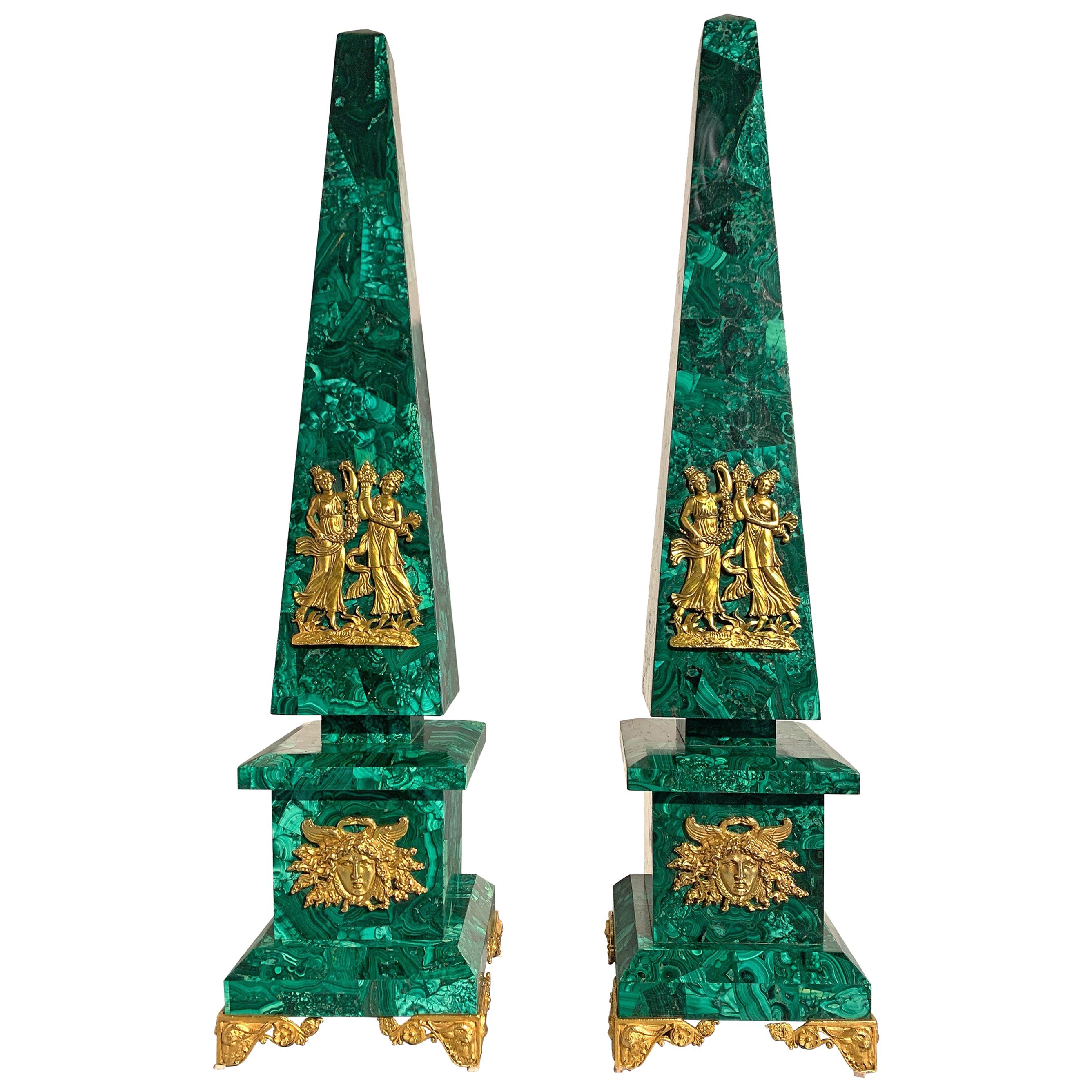 Pair of Empire Style Malachite Obelisks with Ormolu Mounts, 20th Century