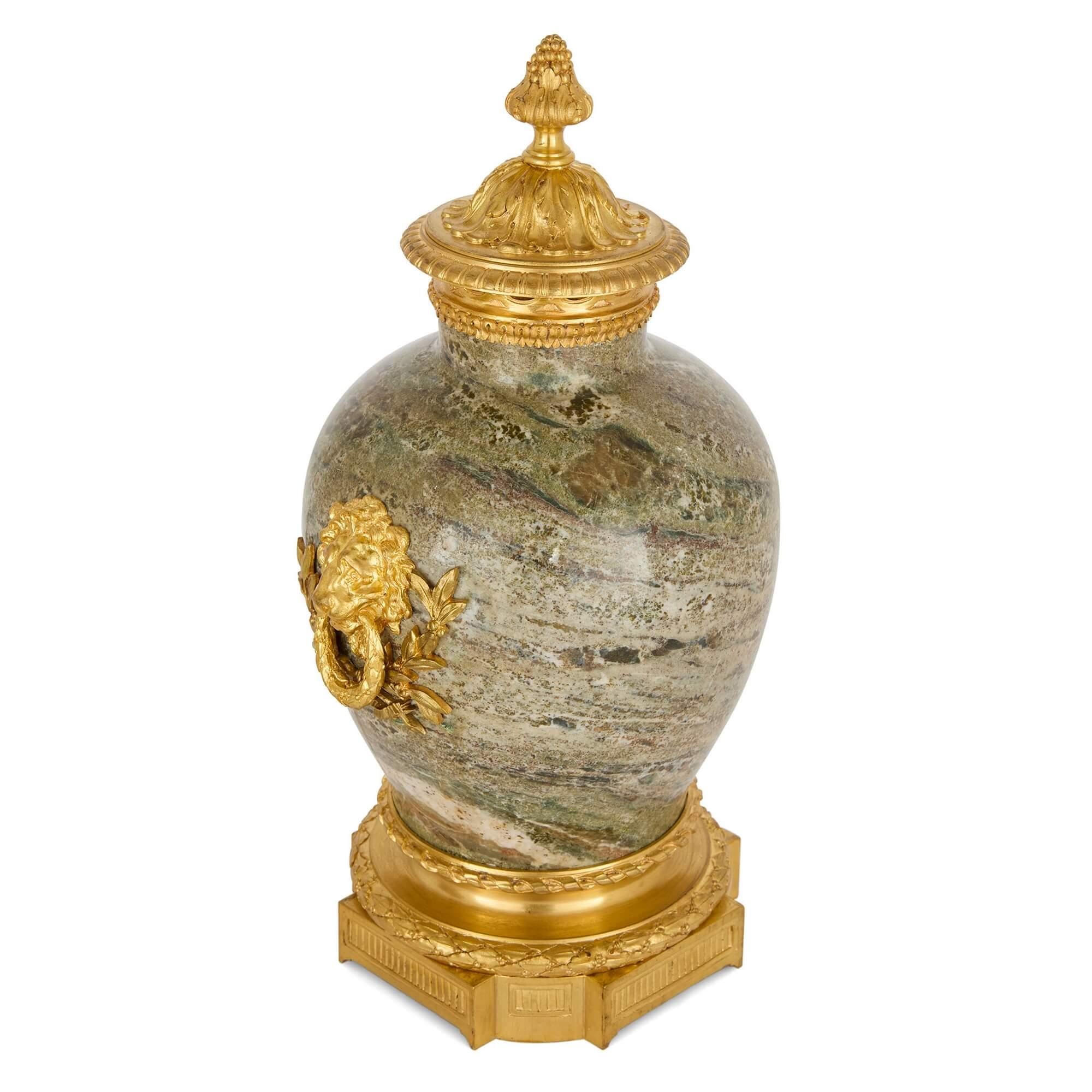 French Pair of Empire-Style Marble and Ormolu Vases by Raingo  For Sale