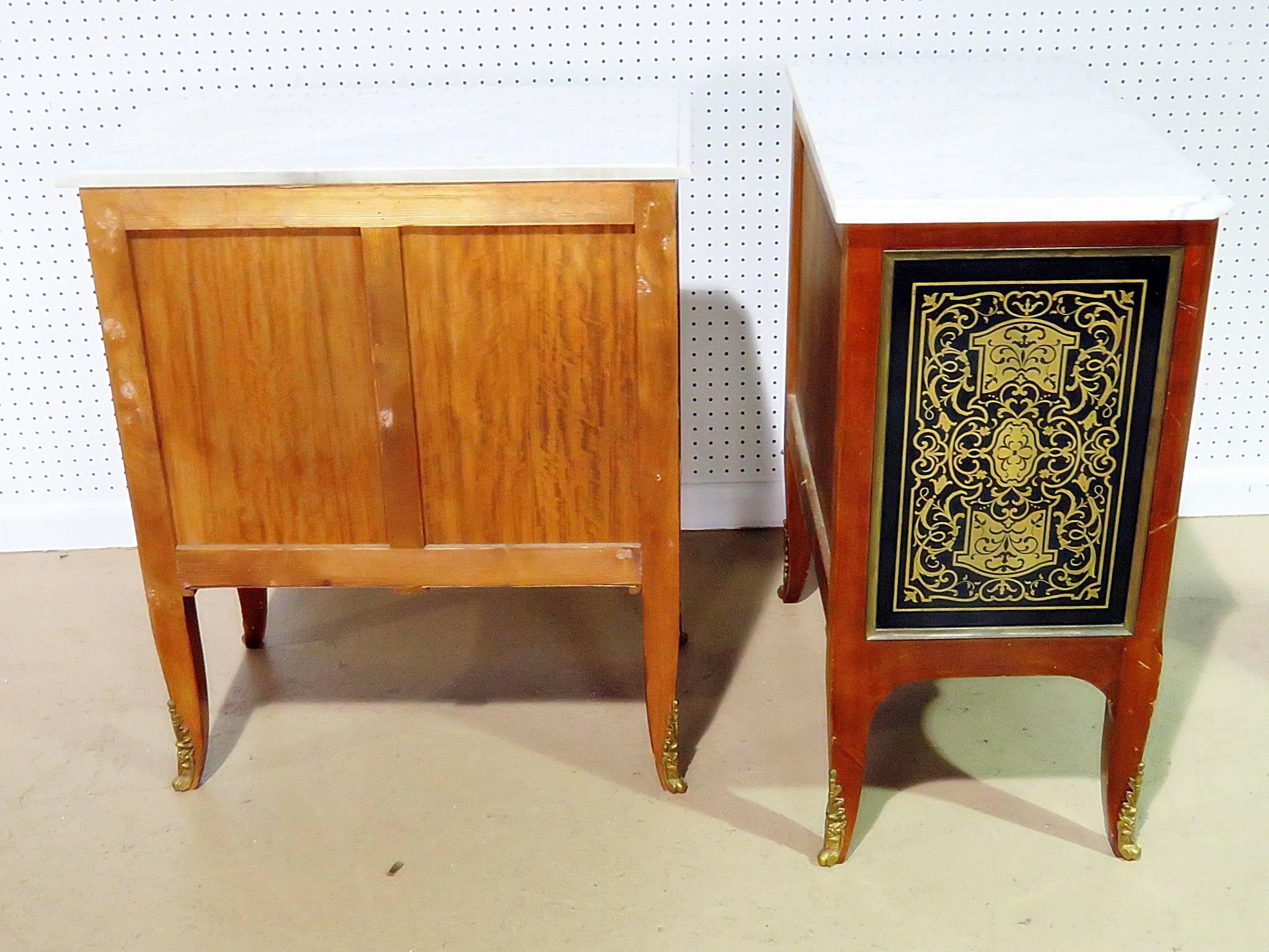 Bronze Pair of French Empire Style Marble Top Nightstands Commodes