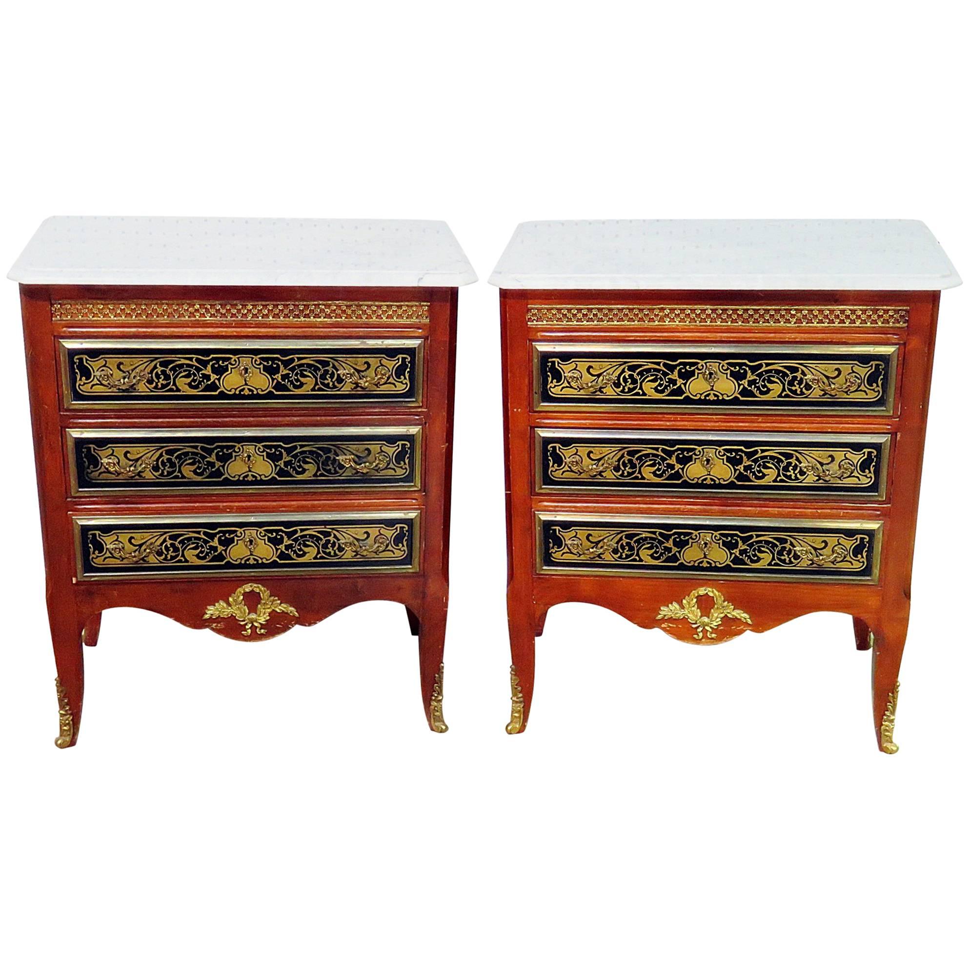 Pair of French Empire Style Marble Top Nightstands Commodes