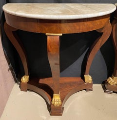 Pair of Empire Style Marble Top Mahogany Parcel Gilt Demilune Consoles