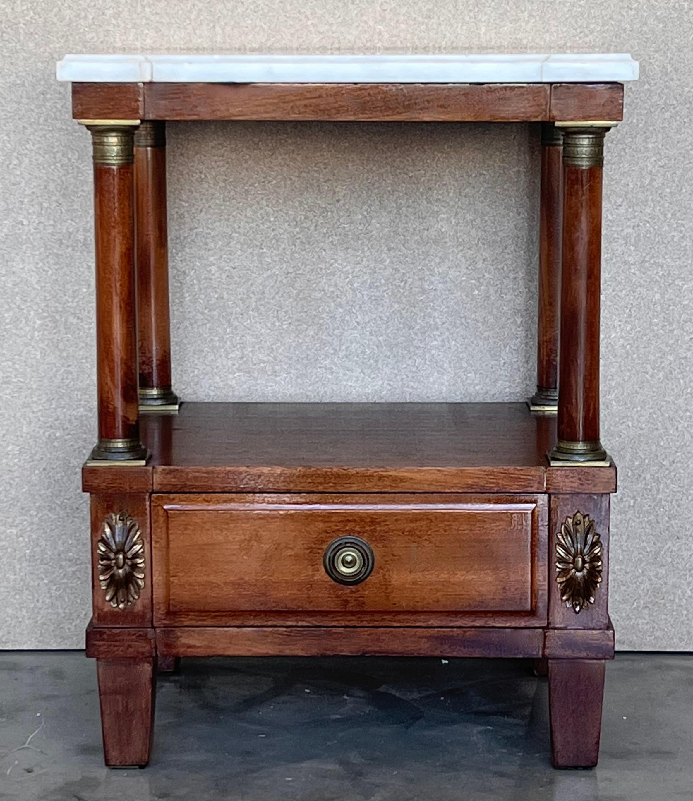 French Pair of Empire Style Marble-Top Nightstands with shelve and low drawer For Sale