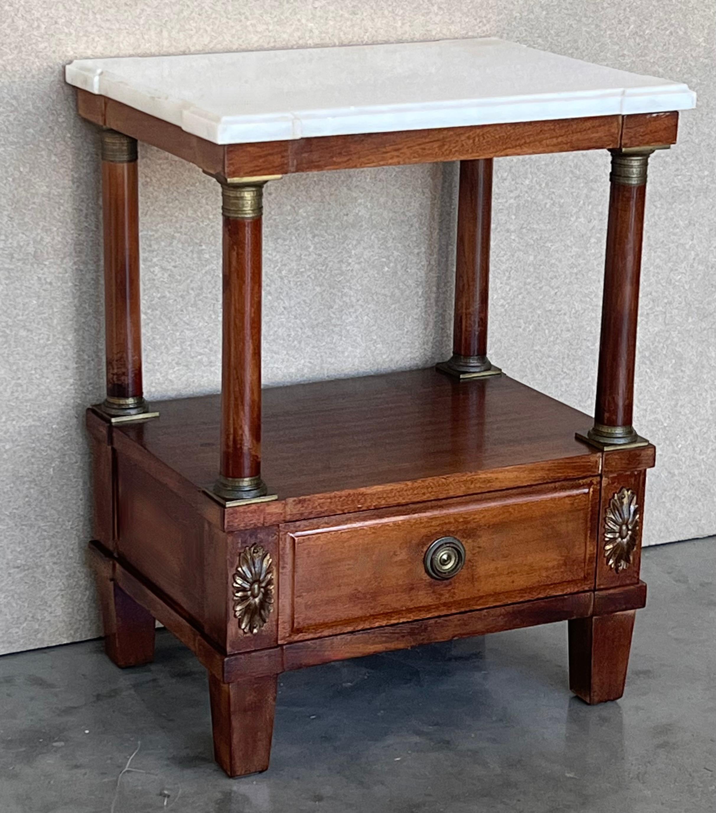 Pair of Empire Style Marble-Top Nightstands with shelve and low drawer In Good Condition For Sale In Miami, FL