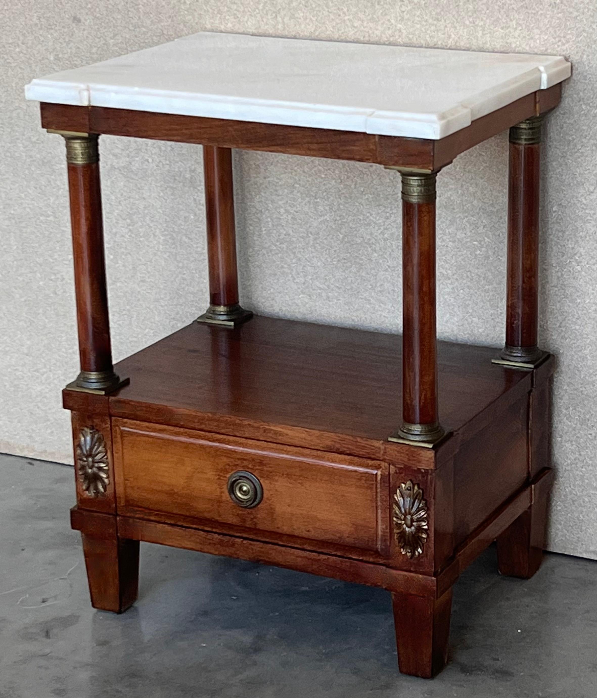 20th Century Pair of Empire Style Marble-Top Nightstands with shelve and low drawer For Sale