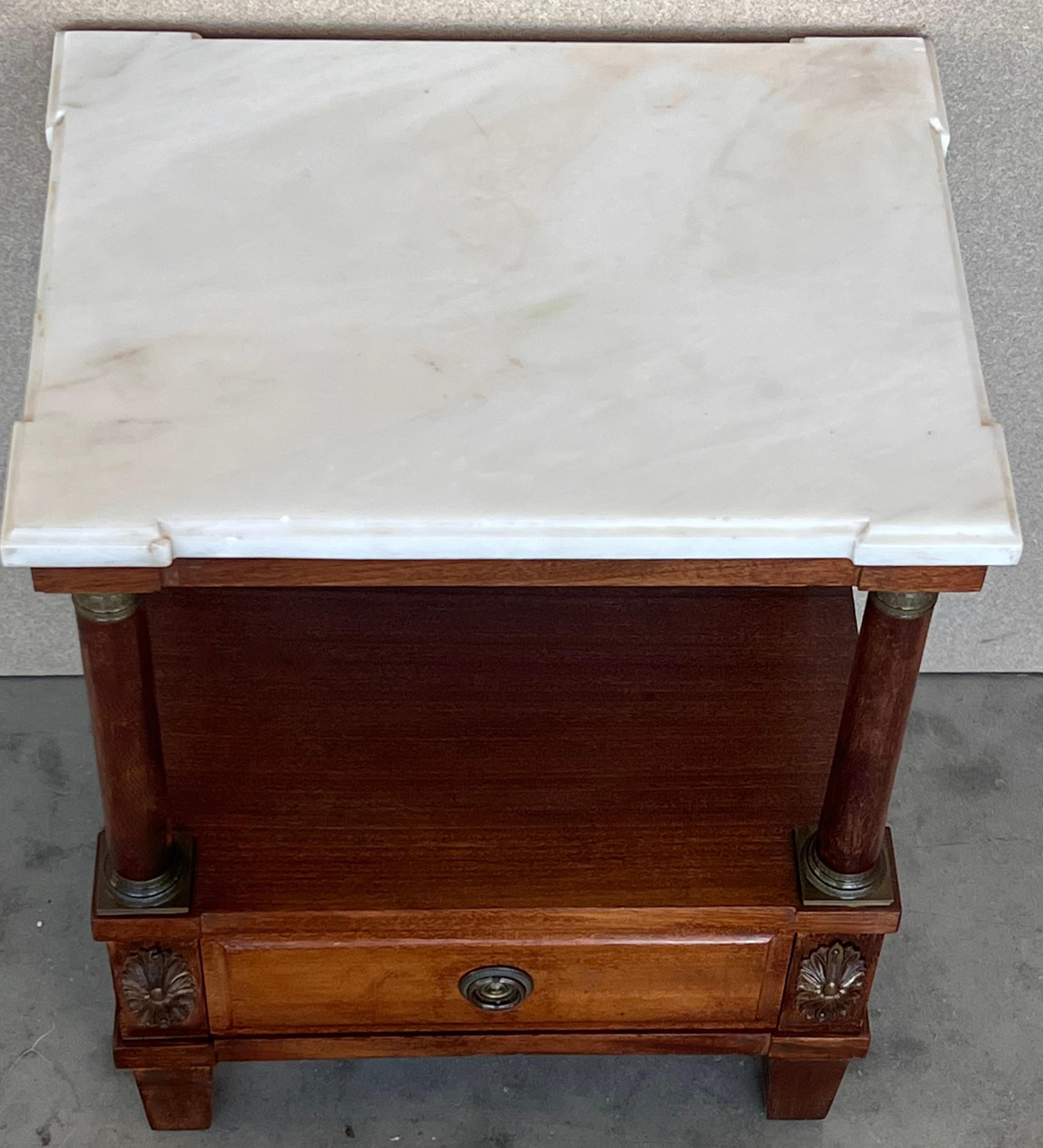Bronze Pair of Empire Style Marble-Top Nightstands with shelve and low drawer For Sale