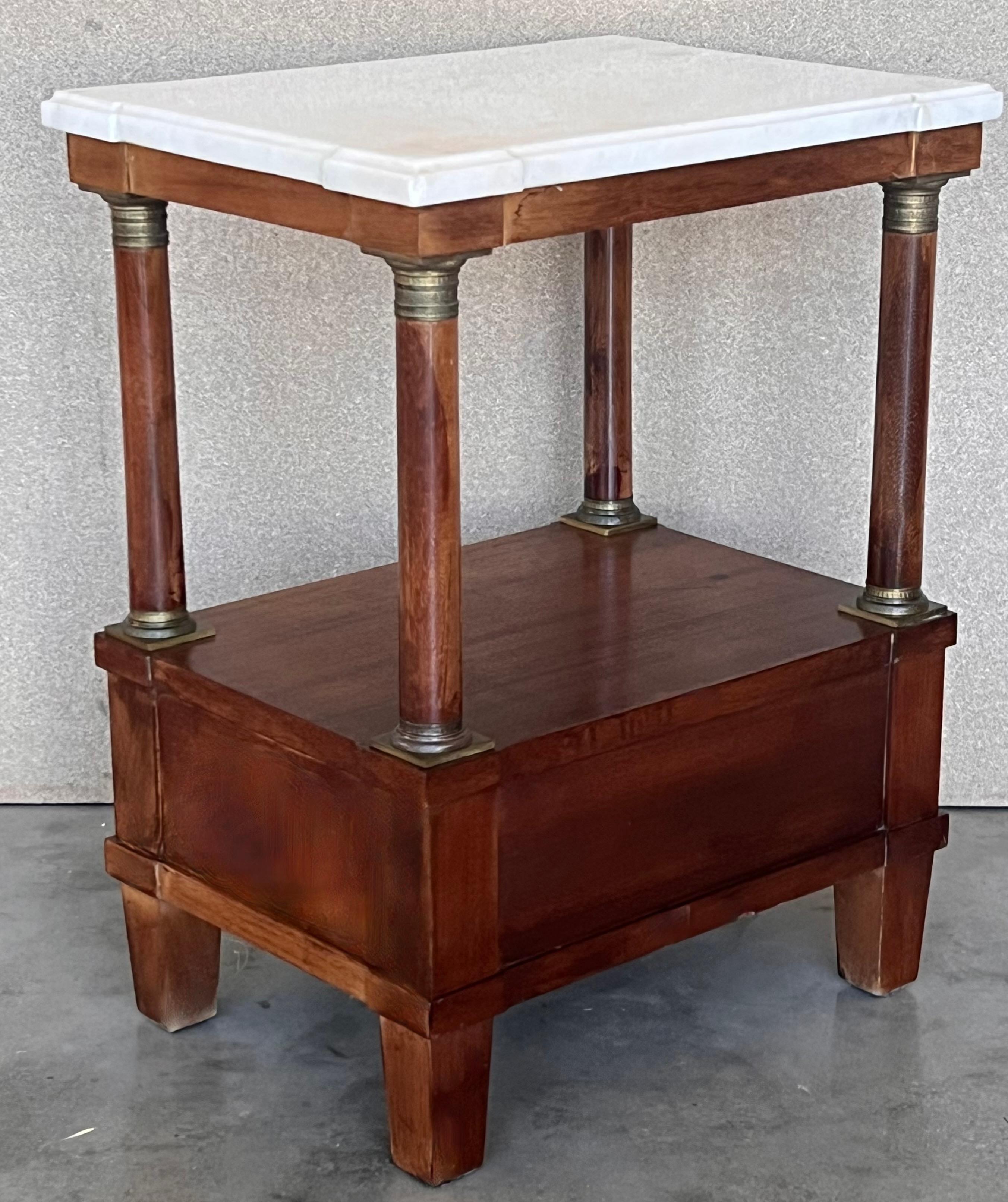 Pair of Empire Style Marble-Top Nightstands with shelve and low drawer For Sale 1