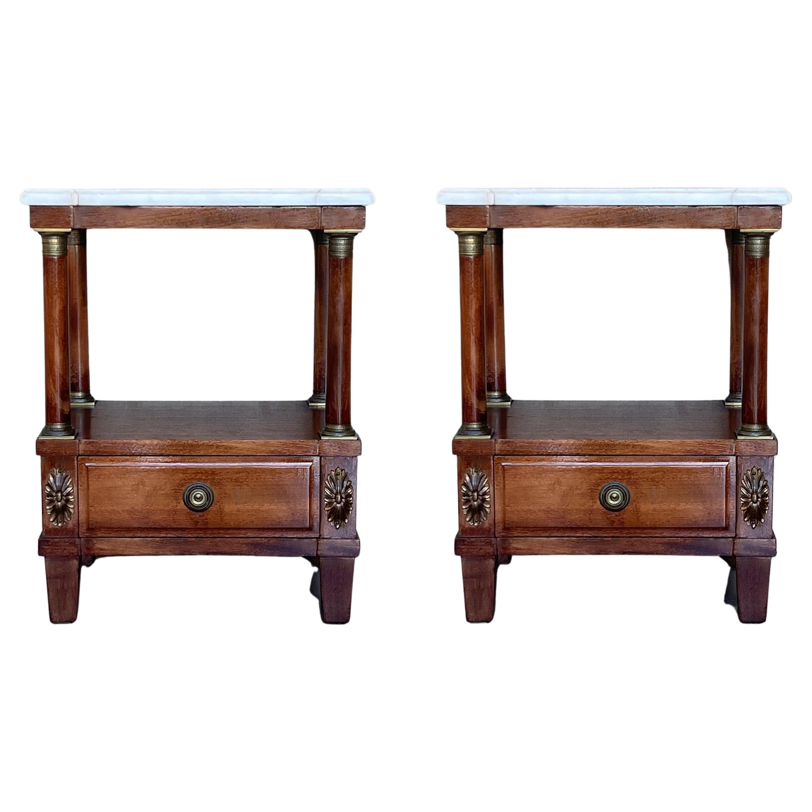 Pair of Empire Style Marble-Top Nightstands with shelve and low drawer For Sale