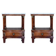 Pair of Empire Style Marble-Top Nightstands with shelve and low drawer