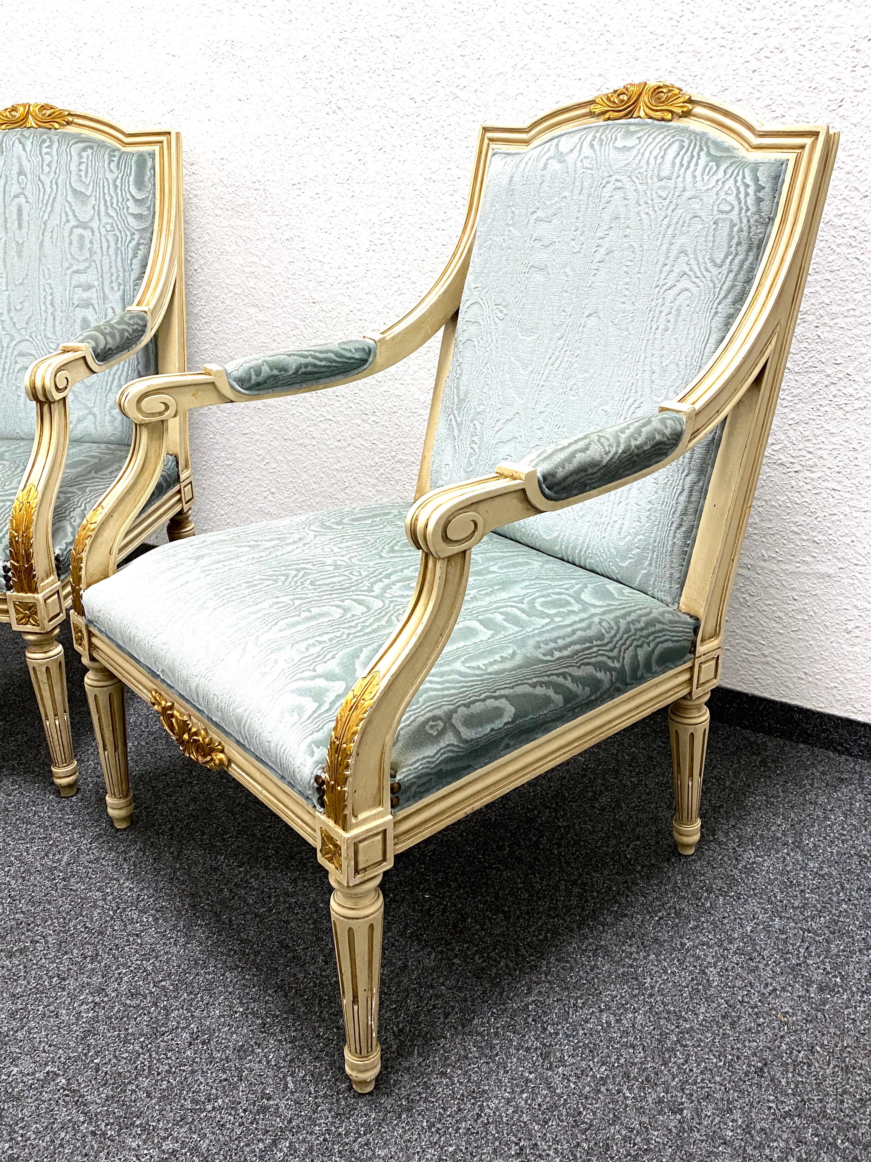 Pair of Empire Style Open Armchairs Blue Fabric, Chippy White and Gold, 1950s For Sale 4