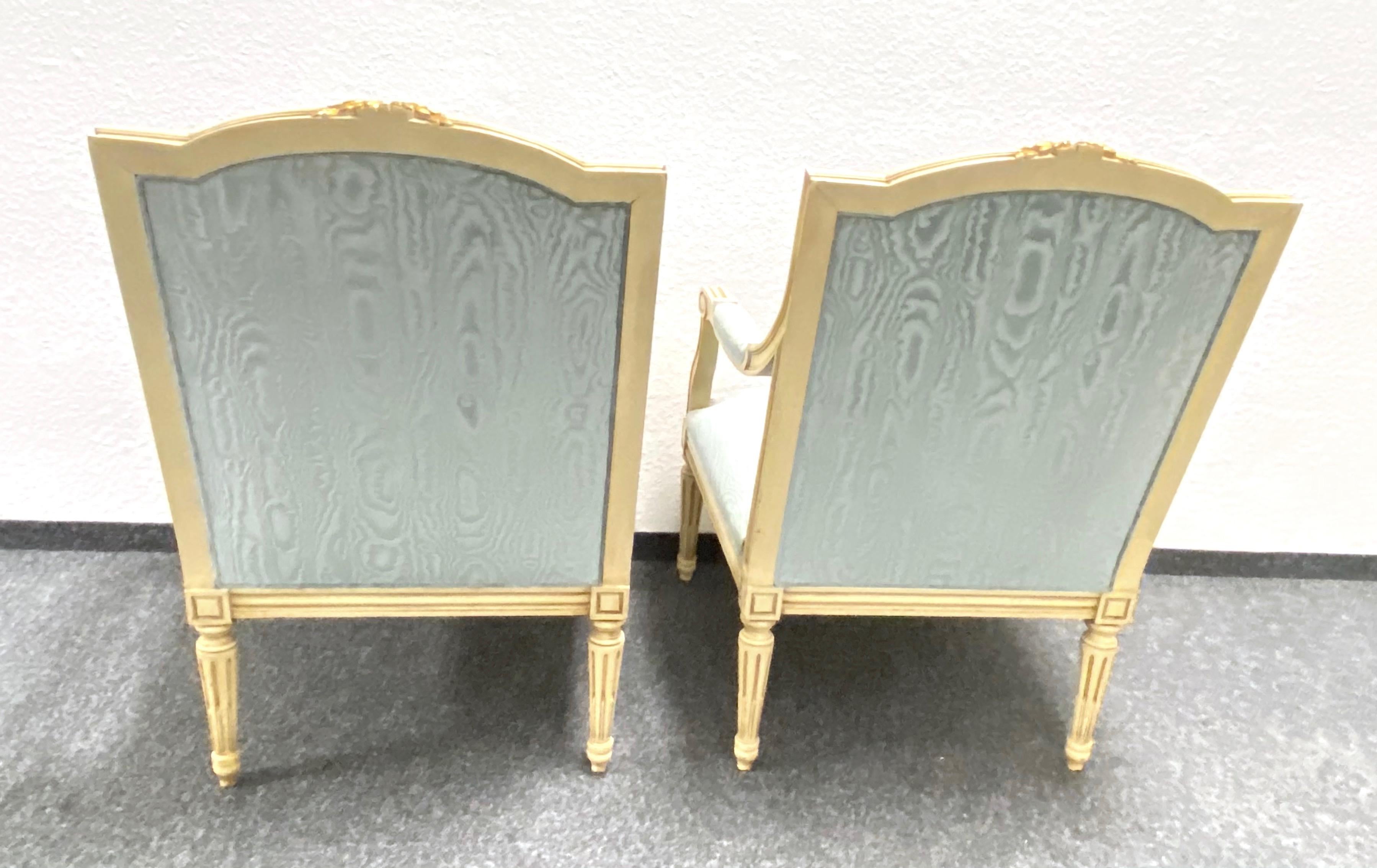Pair of Empire Style Open Armchairs Blue Fabric, Chippy White and Gold, 1950s For Sale 5
