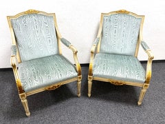 Pair of Empire Style Open Armchairs Blue Fabric, Chippy White and Gold, 1950s