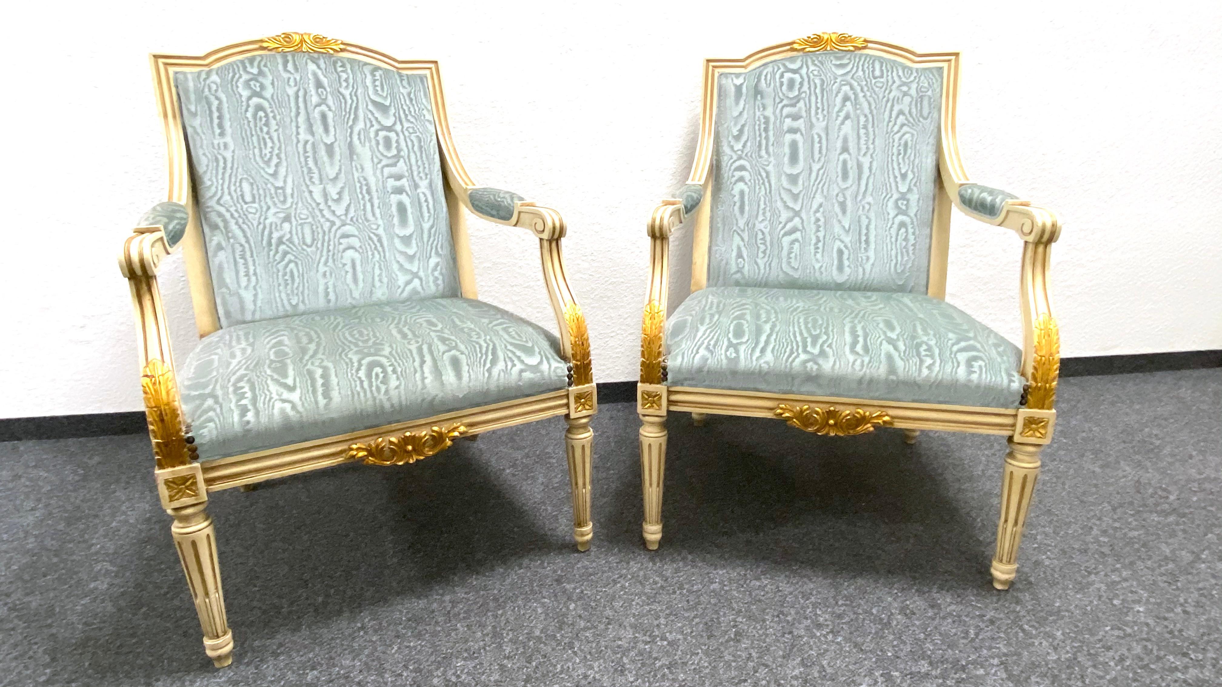 Louis XVI Pair of Empire Style Open Armchairs Blue Fabric, Chippy White and Gold, 1950s For Sale