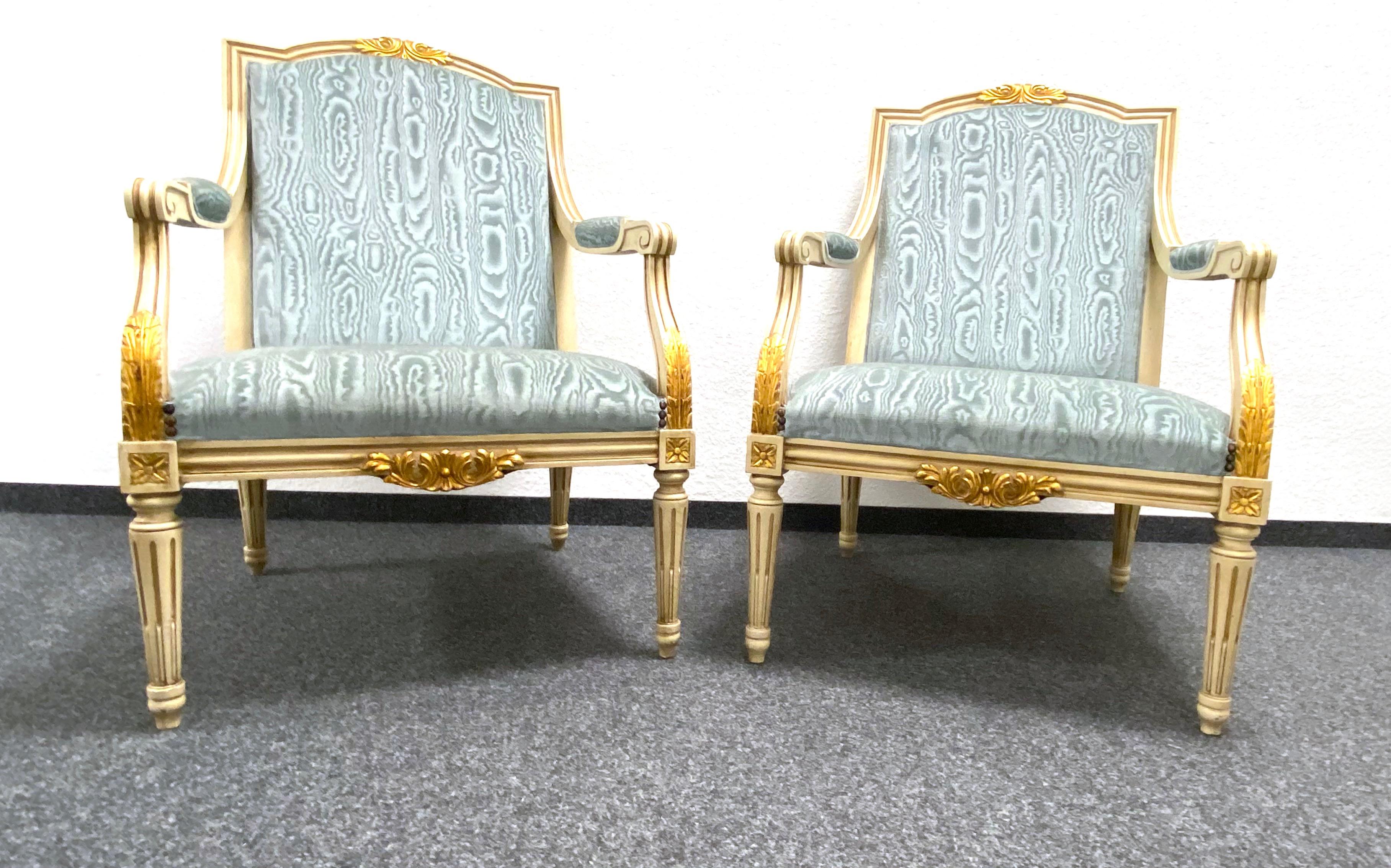 German Pair of Empire Style Open Armchairs Blue Fabric, Chippy White and Gold, 1950s For Sale