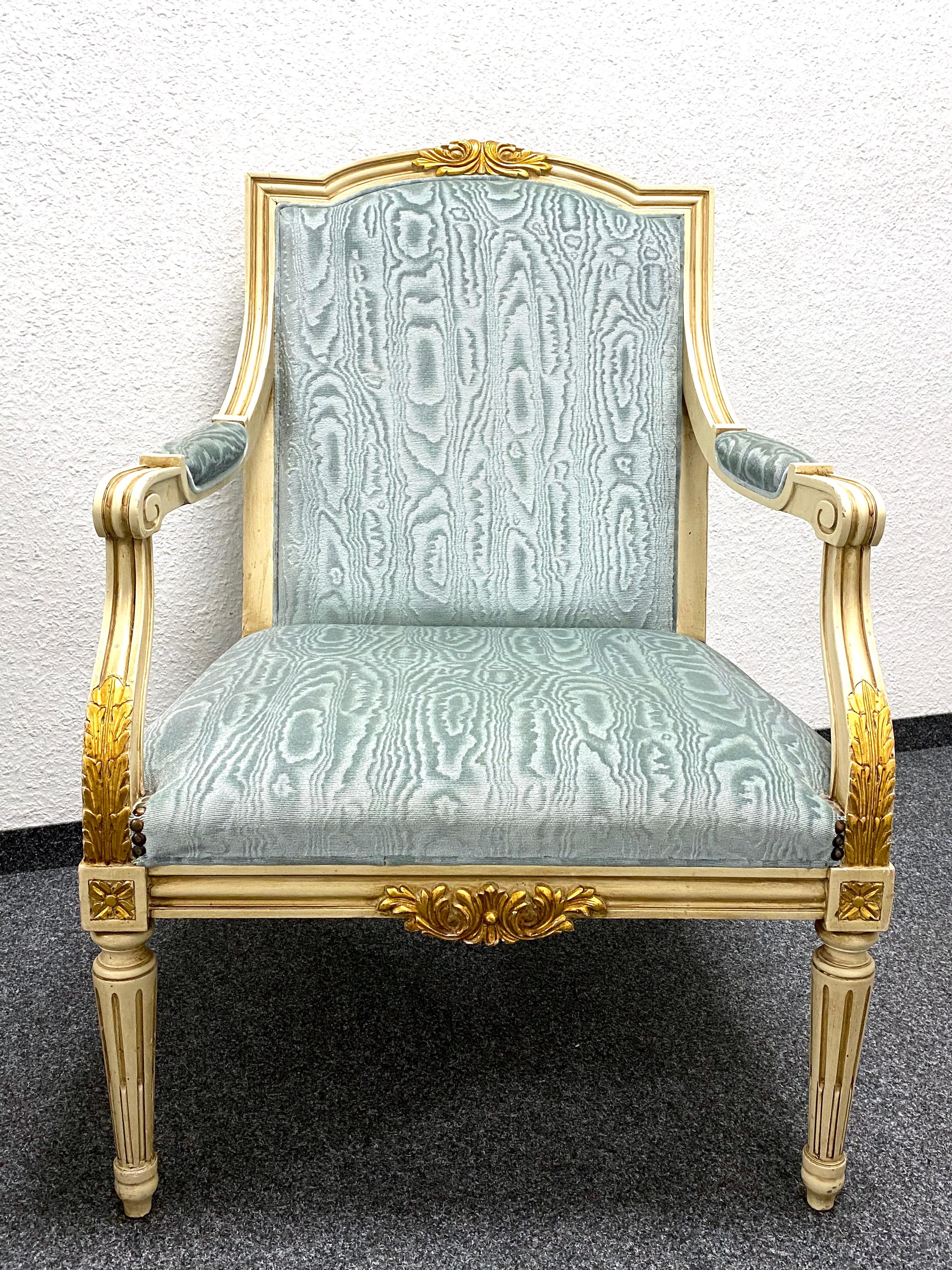 Mid-20th Century Pair of Empire Style Open Armchairs Blue Fabric, Chippy White and Gold, 1950s For Sale